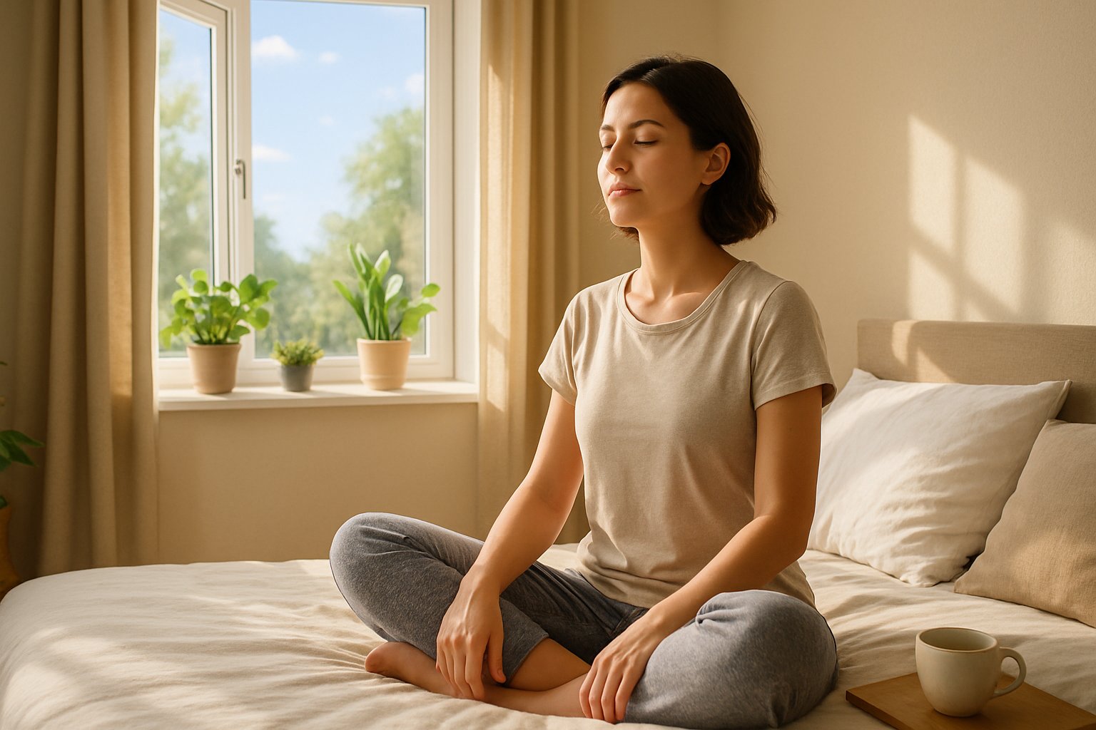 A young woman sitting on a bed in a sunlit bedroom, practicing a calming morning routine with plants and a cup of tea nearby.