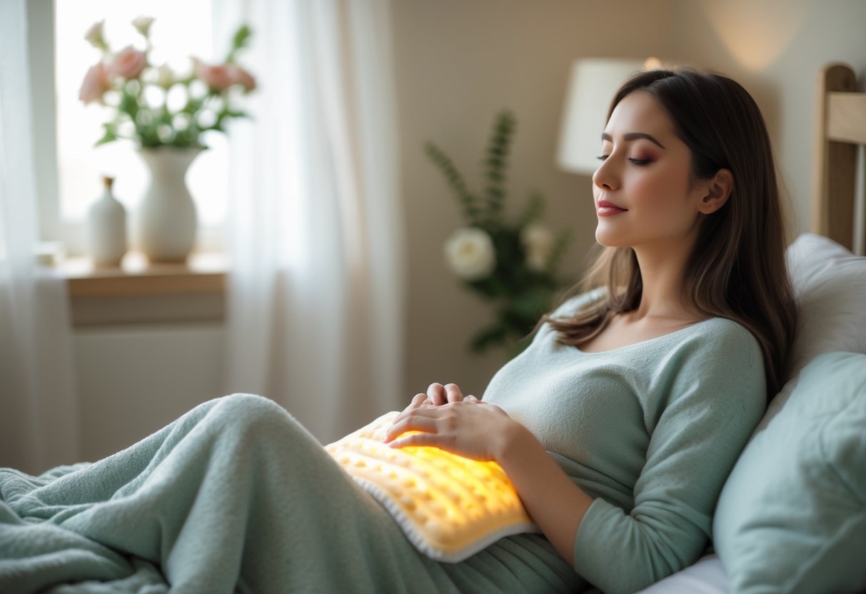 v2-12m9r8-wy7c9 - Preventive Medicine Daily A young woman sitting in a cozy room, holding a heating pad on her lower abdomen, appearing calm and comfortable.