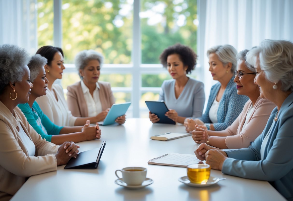 v2-12mc3v-019qj - Preventive Medicine Daily A diverse group of middle-aged women sitting around a table in a bright room, engaged in a supportive discussion.
