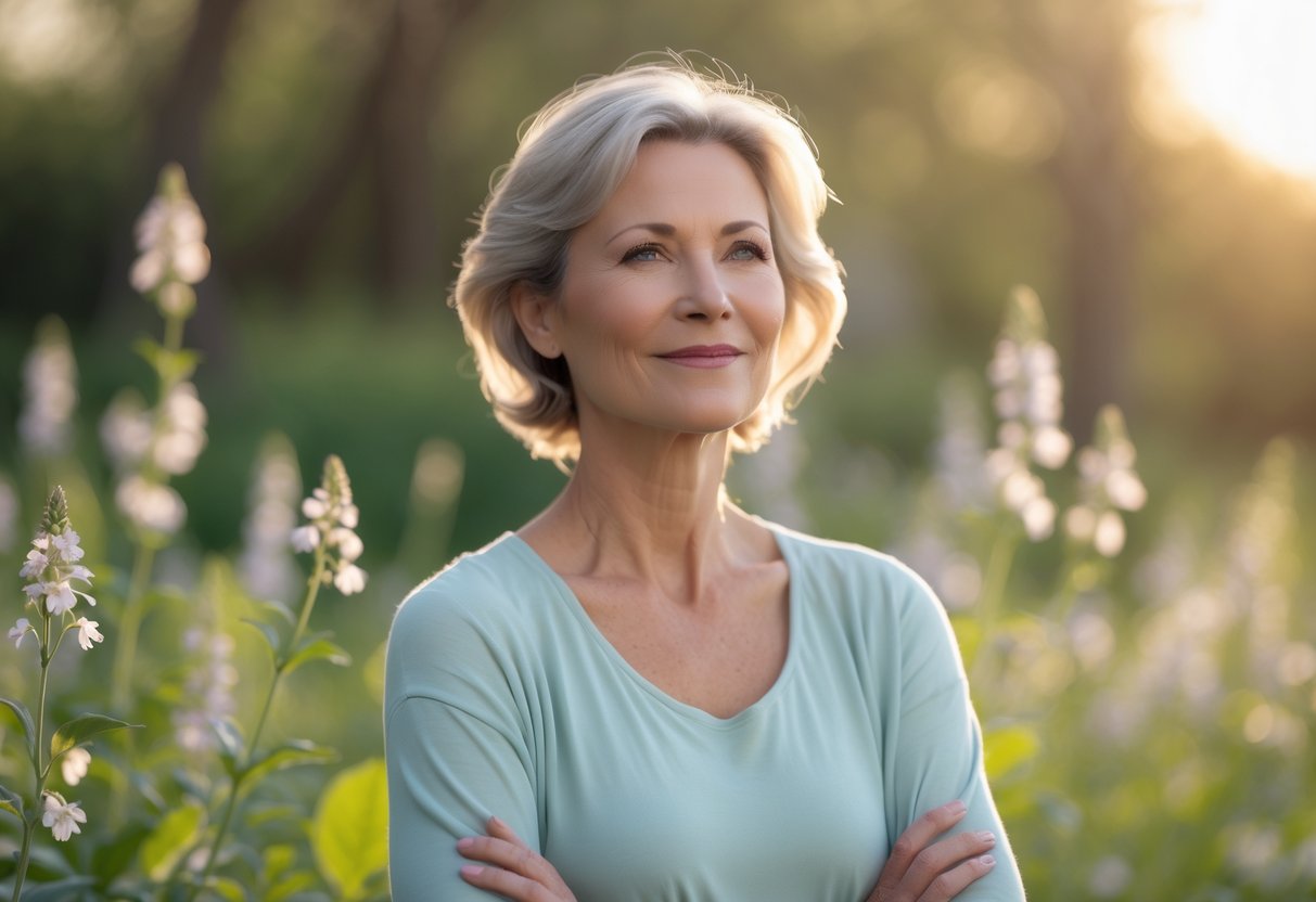 perimenopause - Preventive Medicine Daily A middle-aged woman standing outdoors in soft natural light, surrounded by greenery and flowers, looking calm and thoughtful.