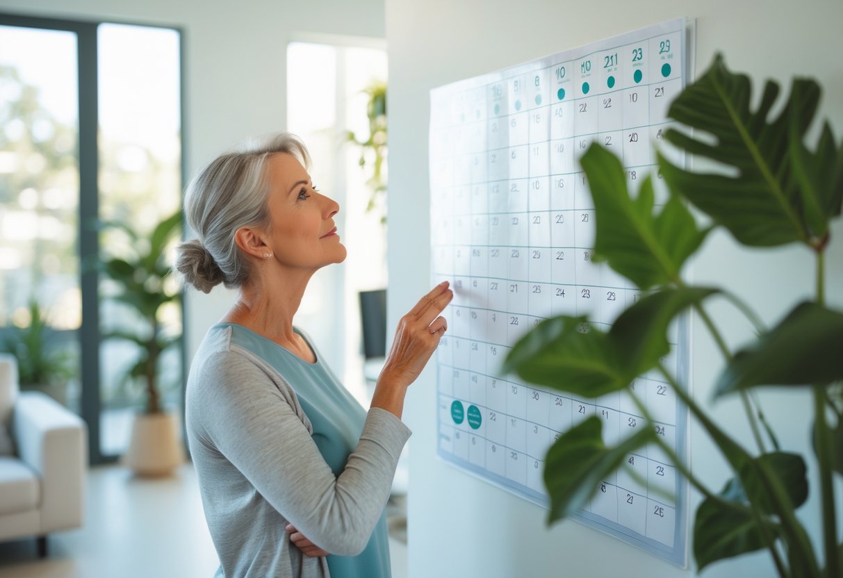 v2-12mc95-4cyac - Preventive Medicine Daily A middle-aged woman looking thoughtfully at a large wall calendar showing a timeline of health symptoms year by year in a bright, comfortable room.