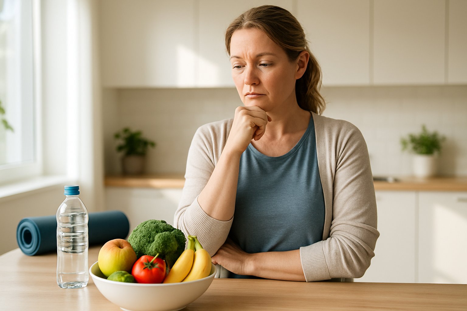 v2-12md5a-bwgbf - Preventive Medicine Daily A thoughtful woman in her late 30s standing in a bright kitchen looking at a bowl of fresh fruits and vegetables.