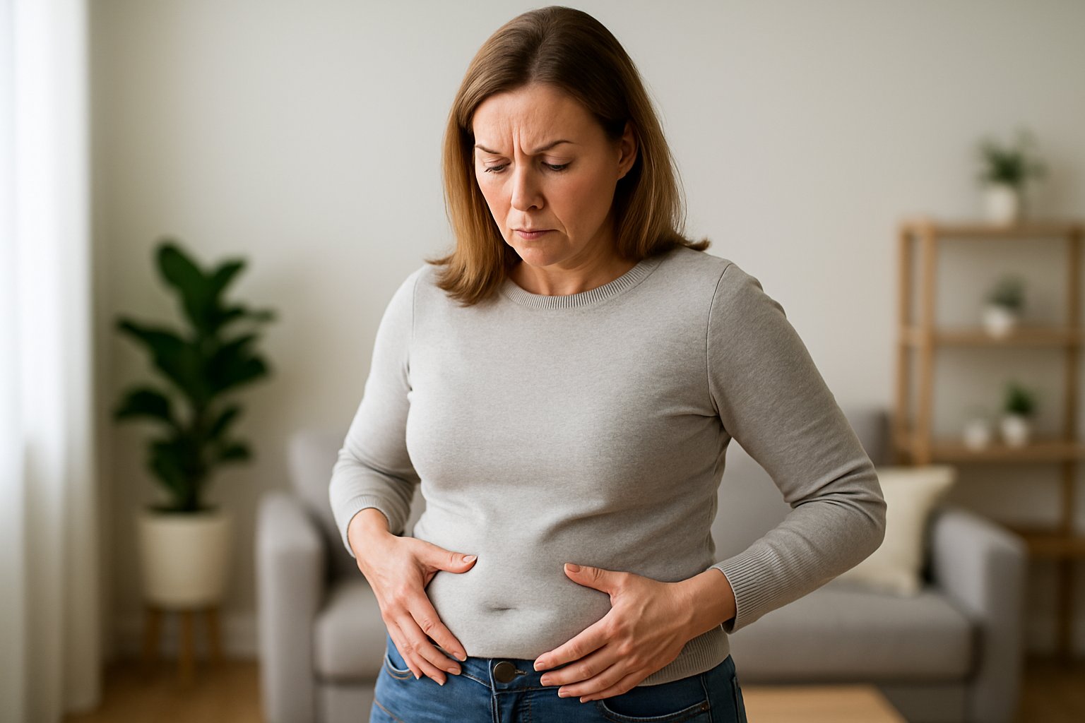 losing weight after 35 - Preventive Medicine Daily A middle-aged woman gently touching her midsection with a concerned expression in a modern living room.