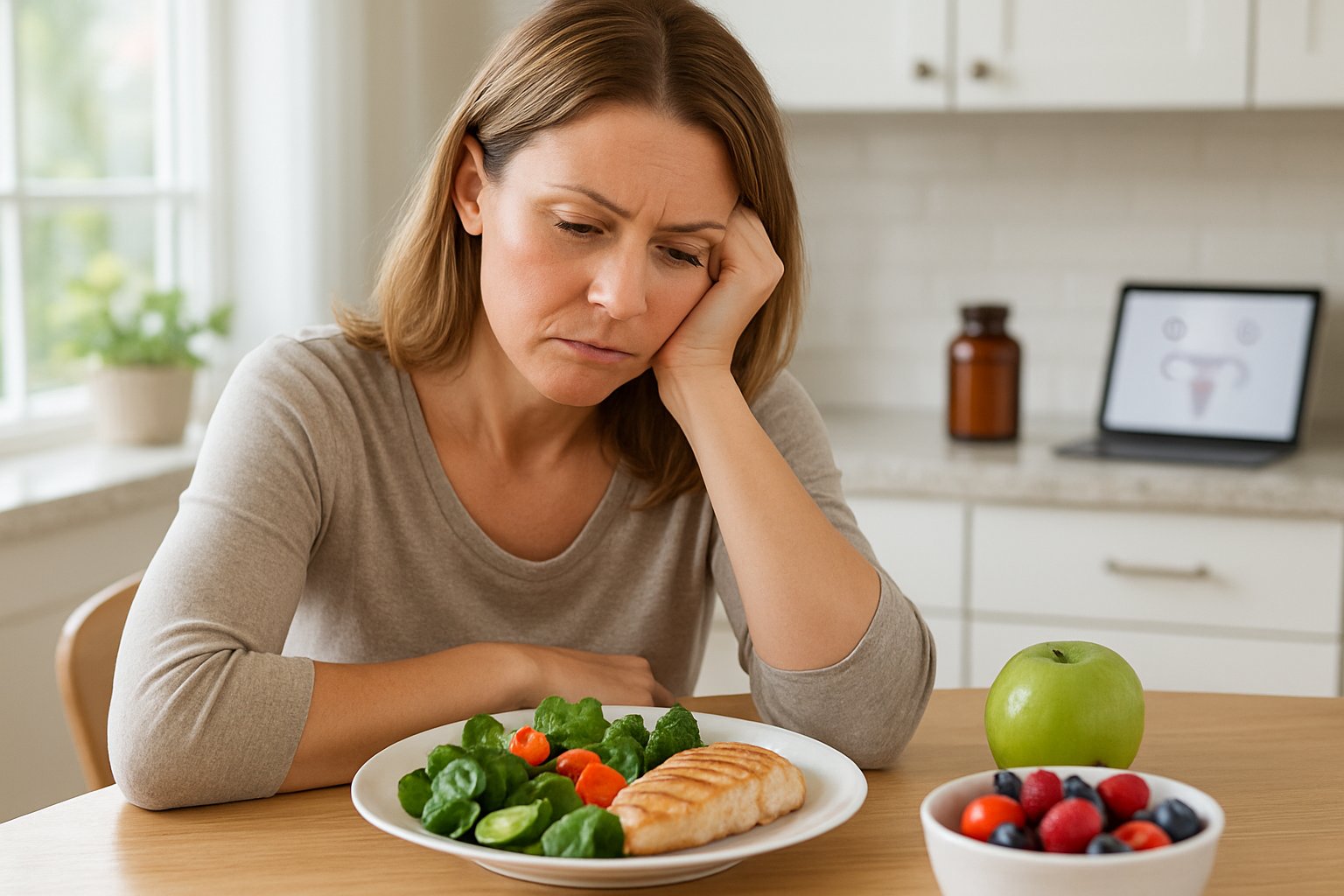 v2-12md6b-vmyzb - Preventive Medicine Daily A middle-aged woman looking thoughtfully at a healthy meal in a bright kitchen, appearing contemplative and slightly frustrated.