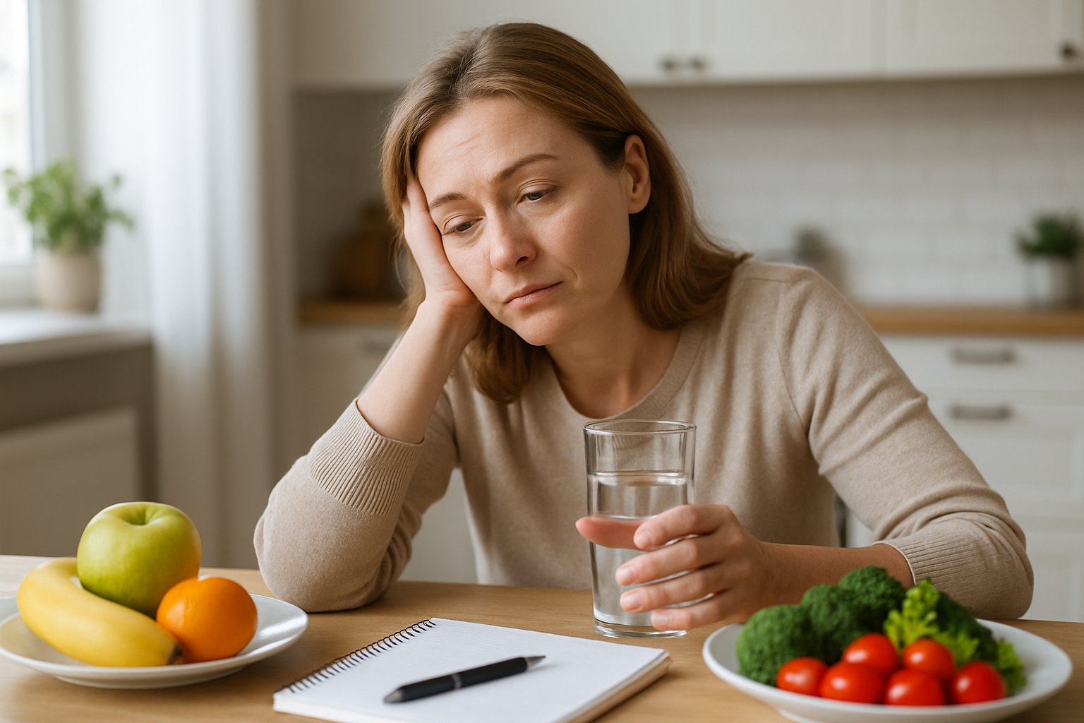 v2-12md72-fxxf2 - Preventive Medicine Daily A middle-aged woman sitting at a kitchen table looking tired and contemplative, with healthy foods and a glass of water in front of her.