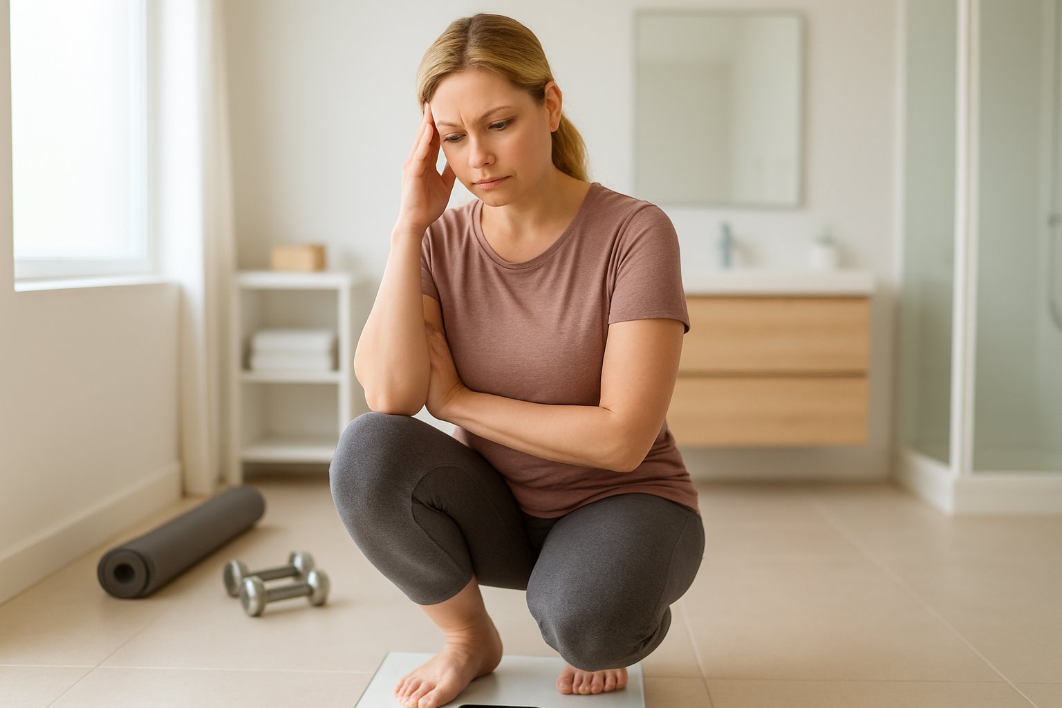 v2-12md7k-xl41l - Preventive Medicine Daily A woman in her late 30s standing on a scale in a bright bathroom, looking thoughtful and concerned.