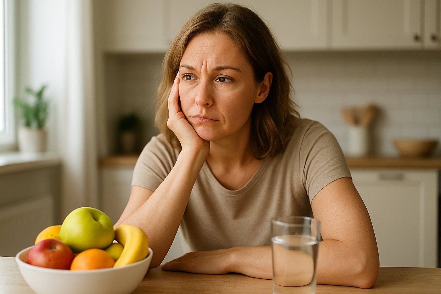 v2-12md8j-tf6fm - Preventive Medicine Daily A mature woman sitting at a kitchen table looking contemplative and slightly frustrated, with healthy food on the table in front of her.