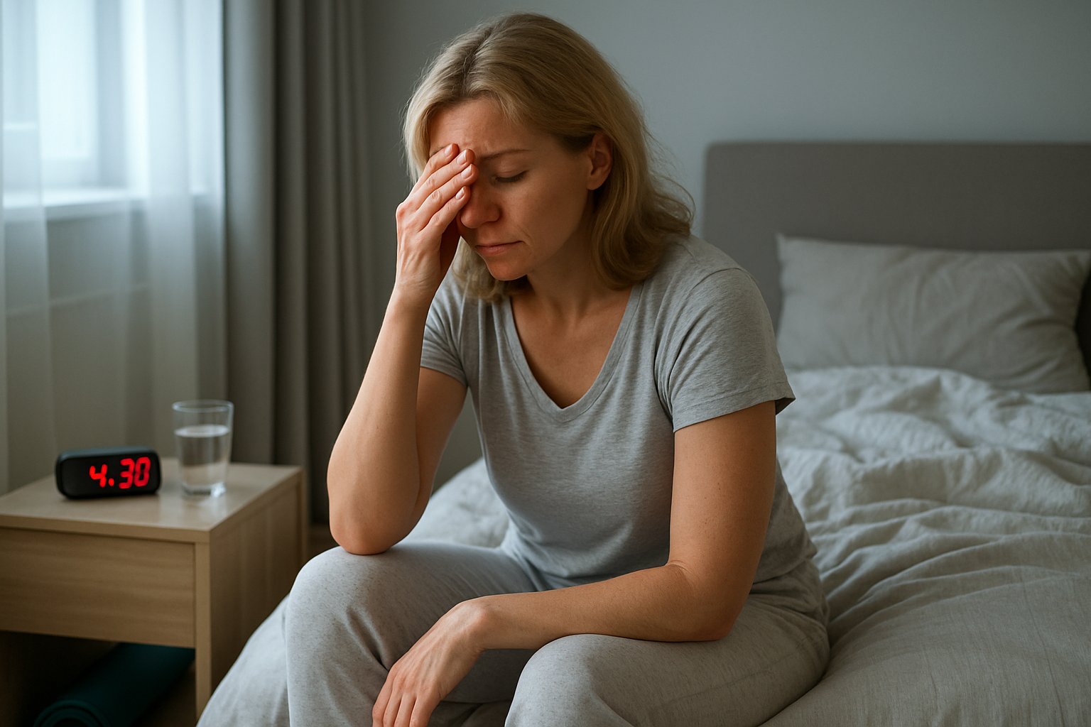 v2-12md94-6aj67 - Preventive Medicine Daily A tired woman in her late 30s sitting on the edge of her bed in a softly lit bedroom early in the morning, looking restless and rubbing her eyes.