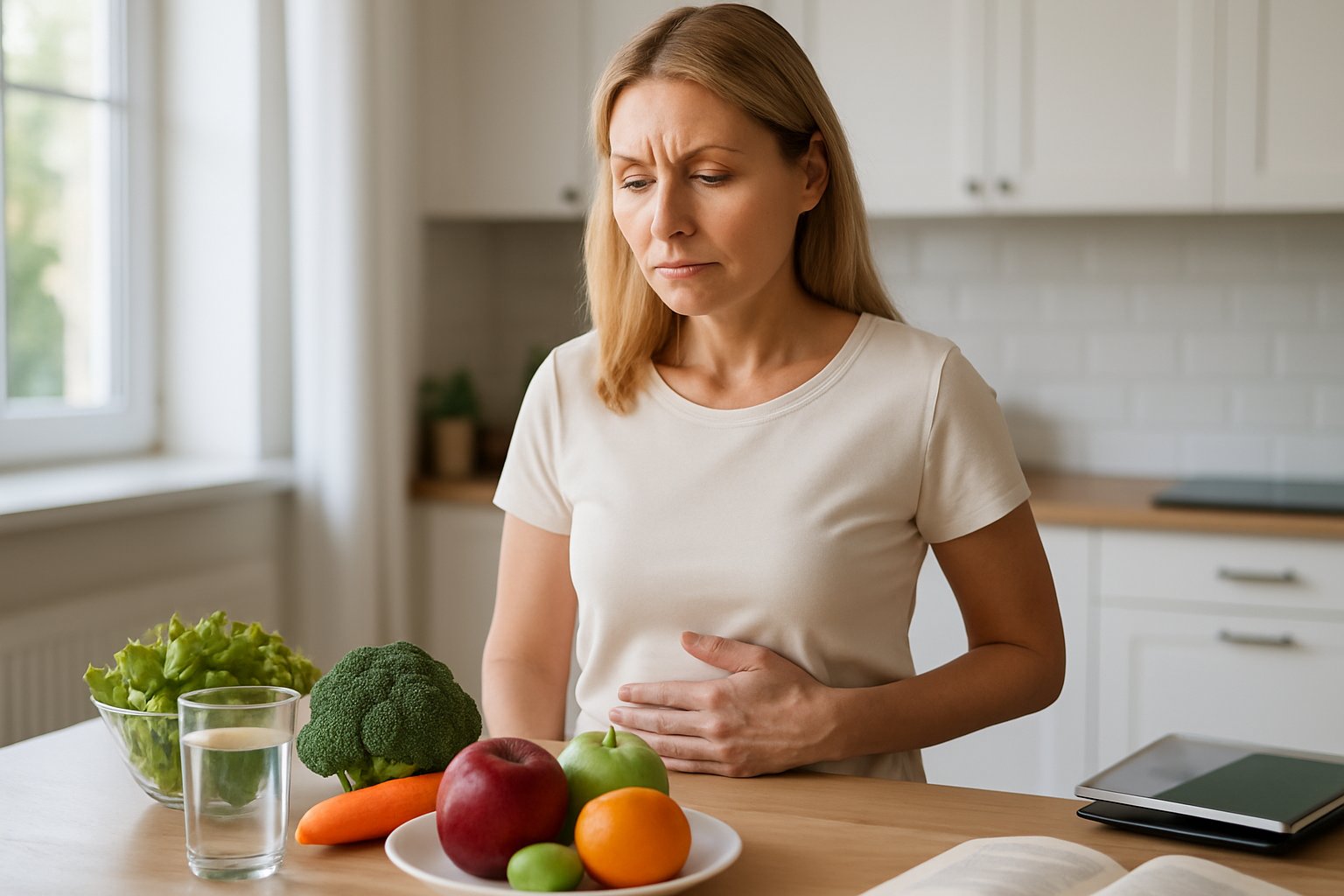 v2-12md9l-6el9i - Preventive Medicine Daily A middle-aged woman in a kitchen looking thoughtfully at healthy foods while gently holding her stomach.