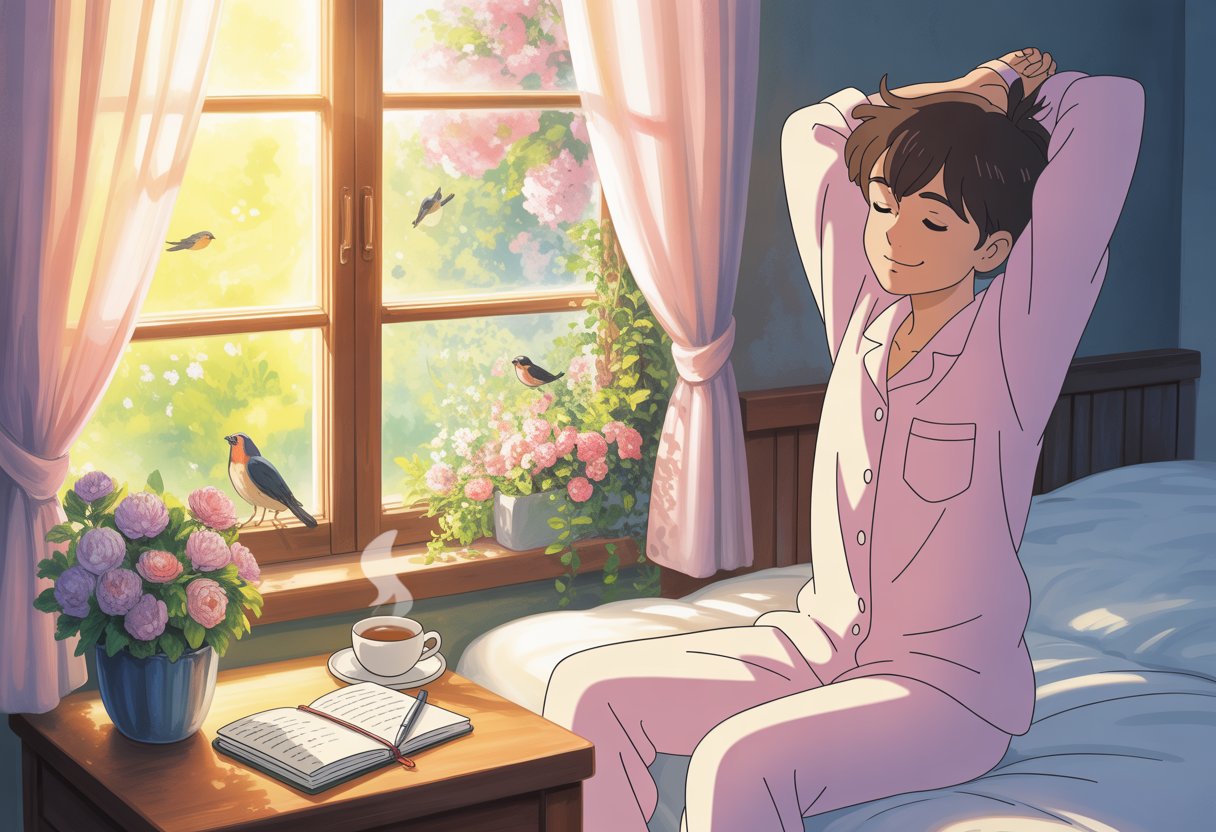 morning routine - Preventive Medicine Daily A person waking up in a sunlit bedroom, stretching and smiling, with a cup of tea and an open journal on a table, and a peaceful garden visible outside the window.