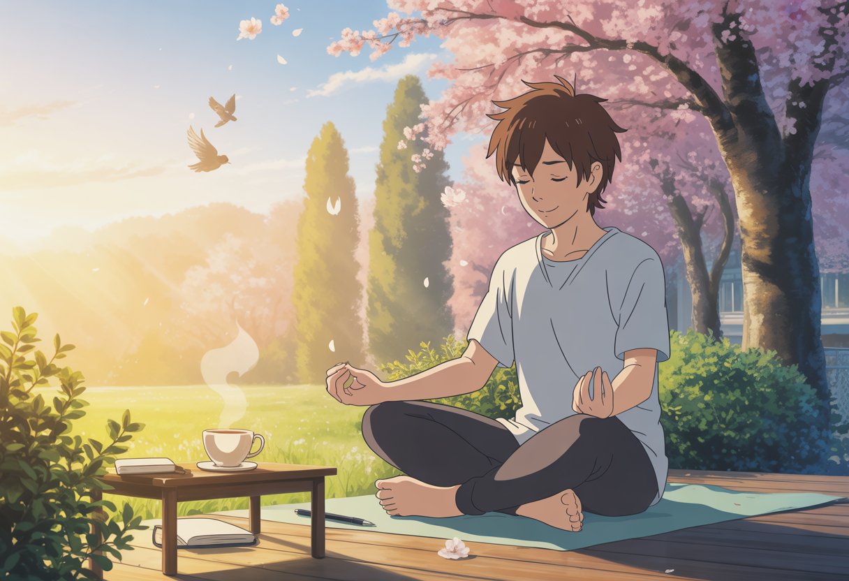 v2-12mhjt-semnt - Preventive Medicine Daily A young person meditating peacefully outdoors at sunrise, surrounded by cherry blossoms and nature.