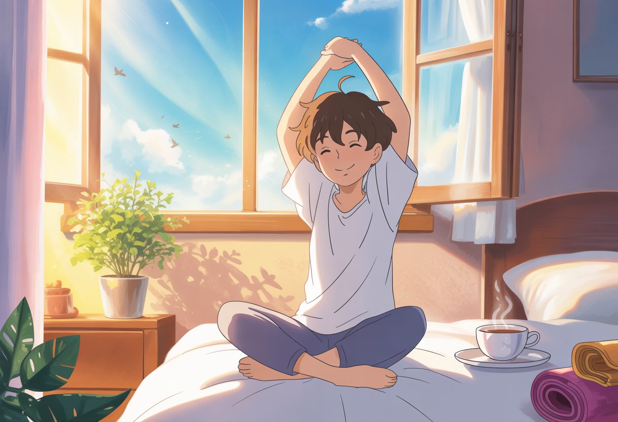 v2-12mhks-012jz - Preventive Medicine Daily A person stretching and smiling in a sunlit bedroom with a cup of tea, a plant, and an open window showing a clear sky and birds.
