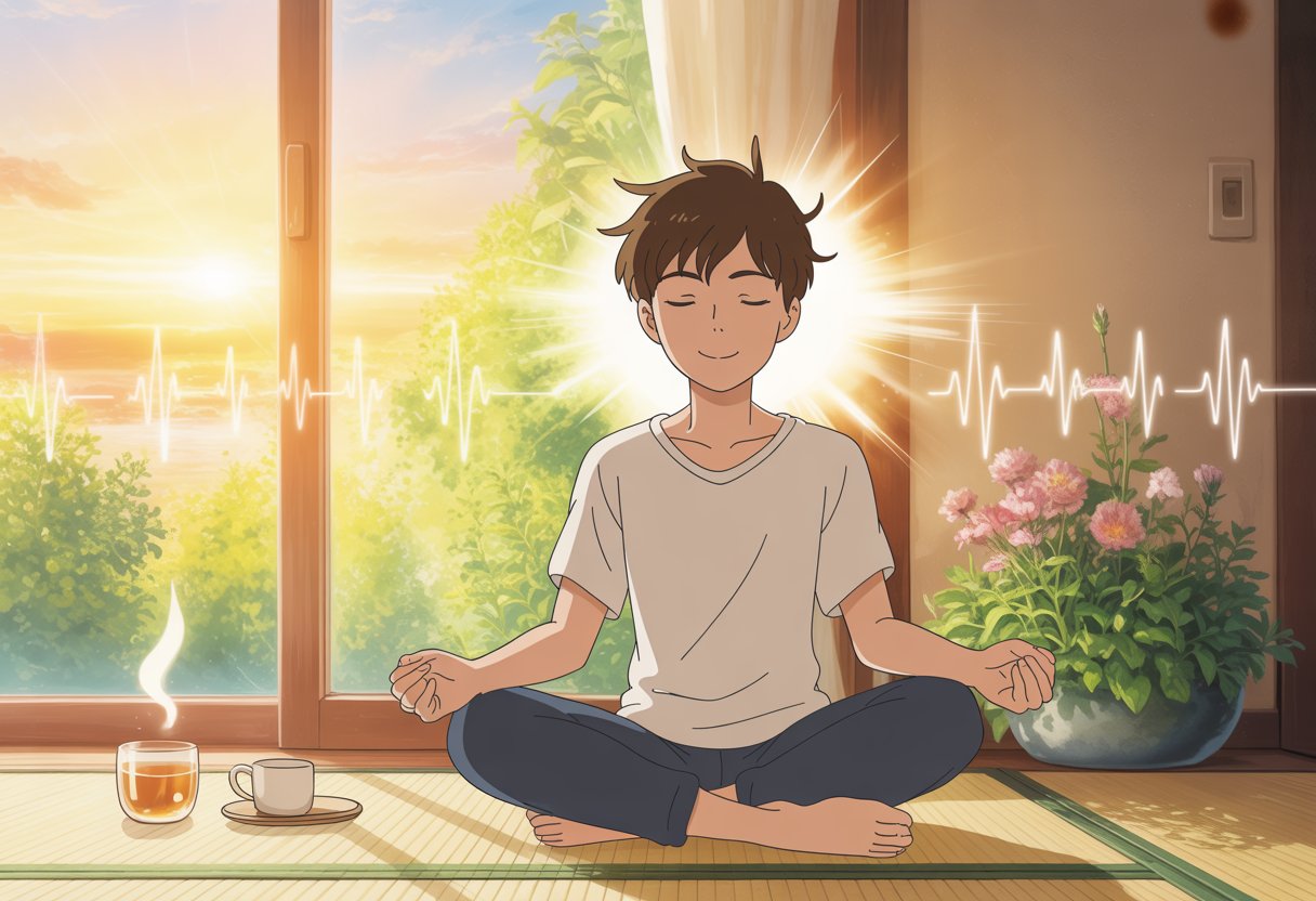 v2-12mhlq-b092a - Preventive Medicine Daily A person peacefully meditating in a sunlit room with plants and warm light, symbolizing calmness and mental well-being.