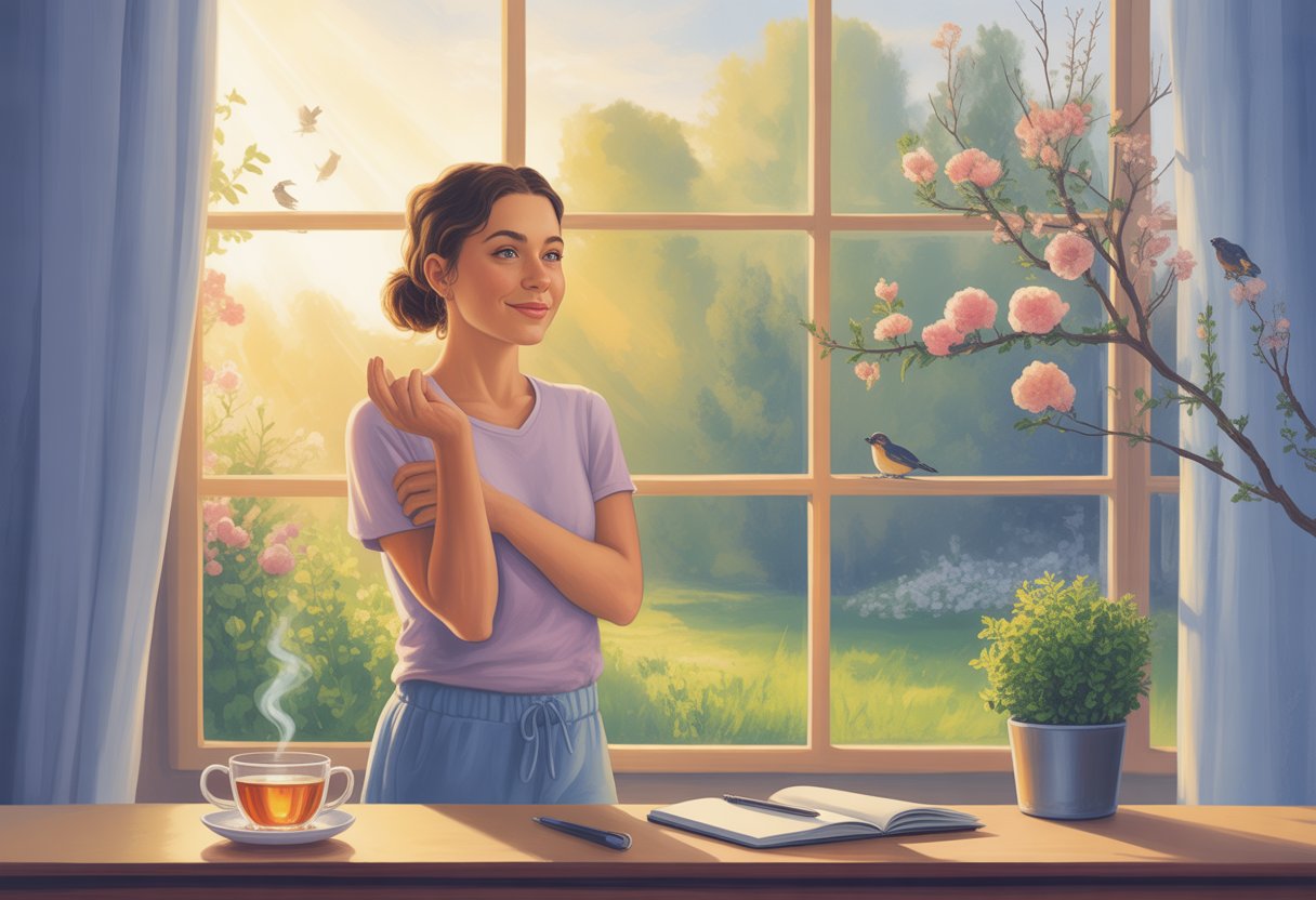 v2-12mhne-h59cr - Preventive Medicine Daily A young woman stretches by a sunlit window in a peaceful morning setting with a cup of tea, a plant, and an open journal nearby.
