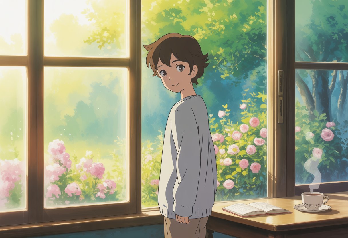 v2-12mho8-l6hks - Preventive Medicine Daily A young person stands by a window in a bright room, looking outside at a sunny garden with flowers, with a cup of tea and an open book nearby.