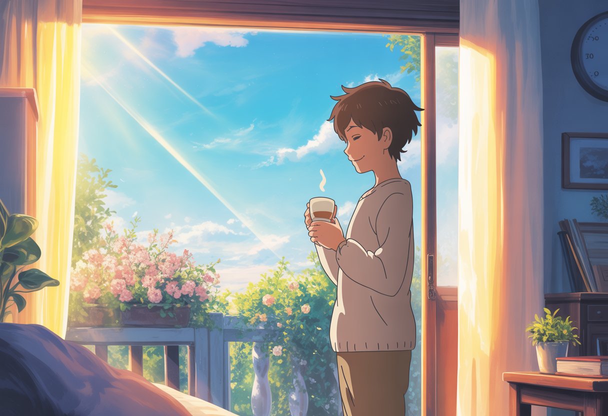 v2-12mhoz-vym8l - Preventive Medicine Daily A person standing by a sunny window in the morning, holding a cup, with flowers outside and a peaceful expression.