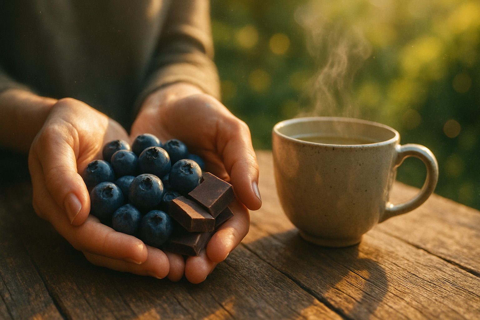 v2-12nw4b-9bezu - Preventive Medicine Daily Close-up of hands holding fresh blueberries and dark chocolate pieces next to a steaming cup of green tea on a wooden table with a blurred garden background.