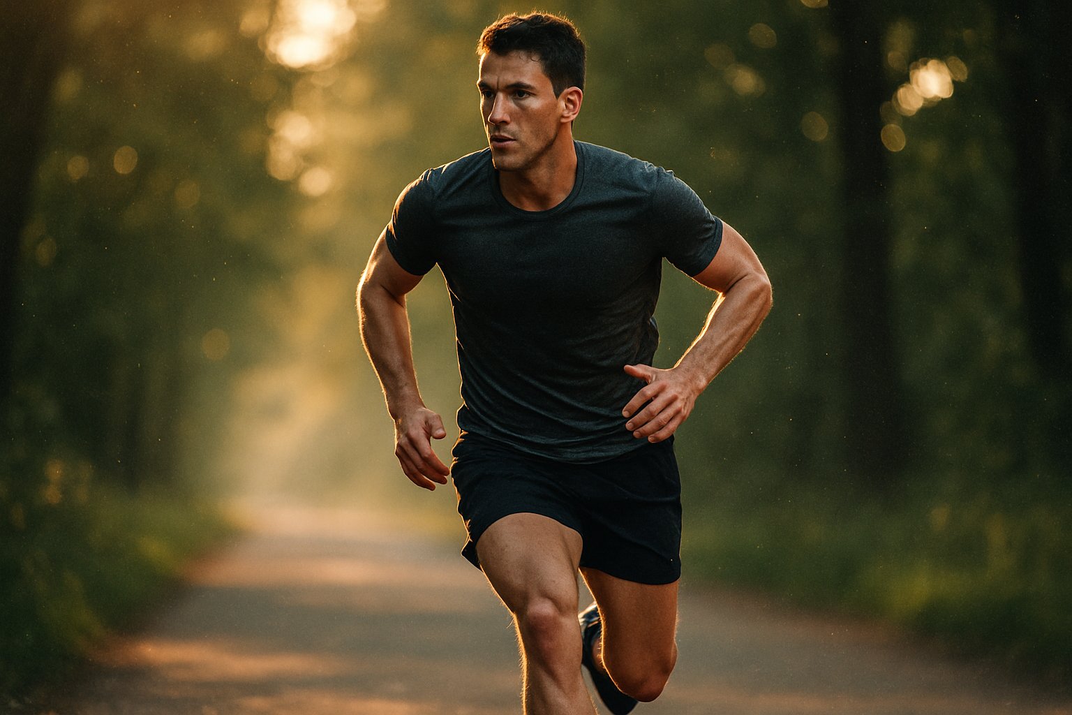 v2-12nw4t-priz7 - Preventive Medicine Daily A person running on a sunlit tree-lined path during golden hour, captured mid-stride with sunlight filtering through leaves.