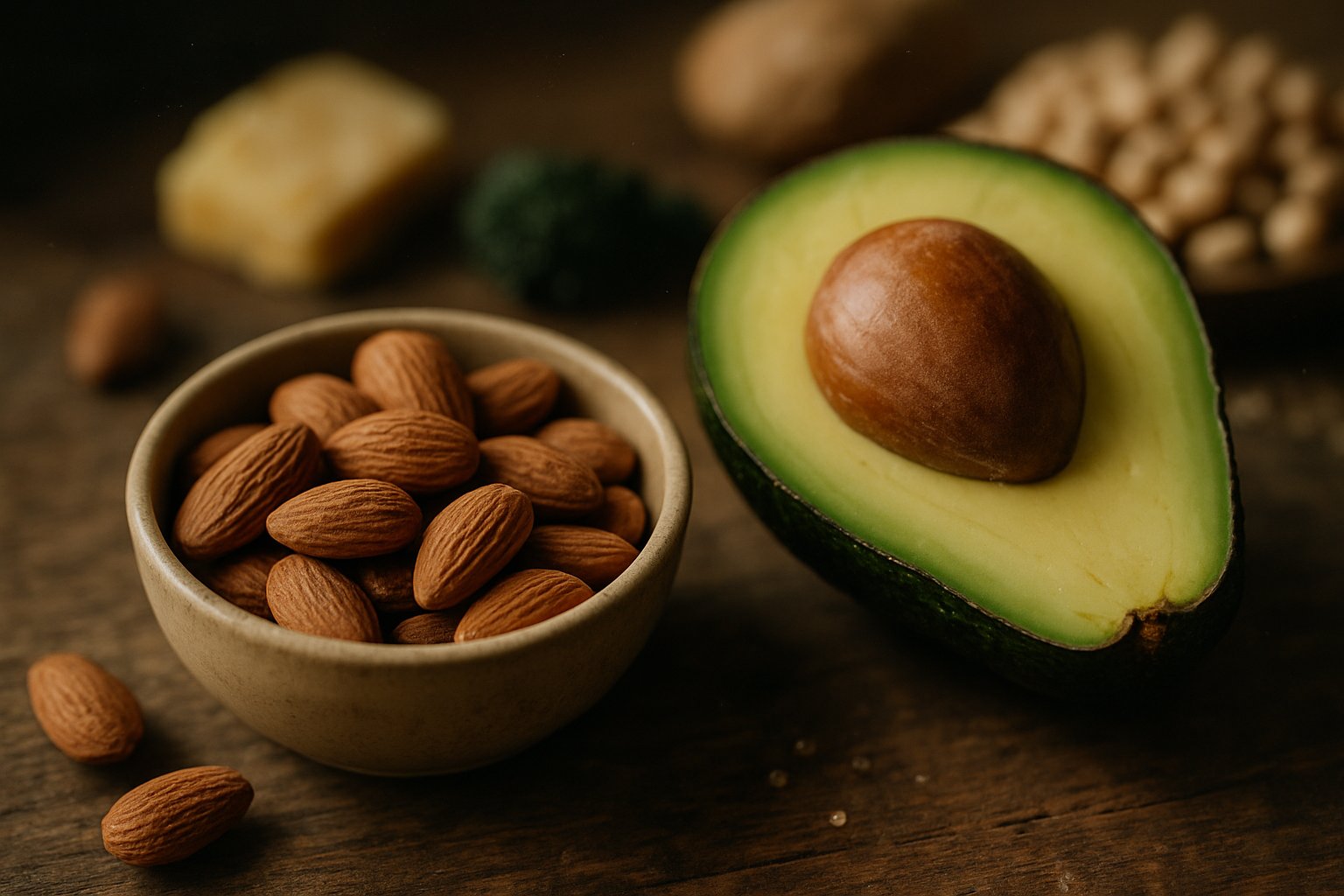 v2-12nw5x-amrwq - Preventive Medicine Daily Close-up of a wooden table with a bowl of almonds and a halved avocado showing its seed.