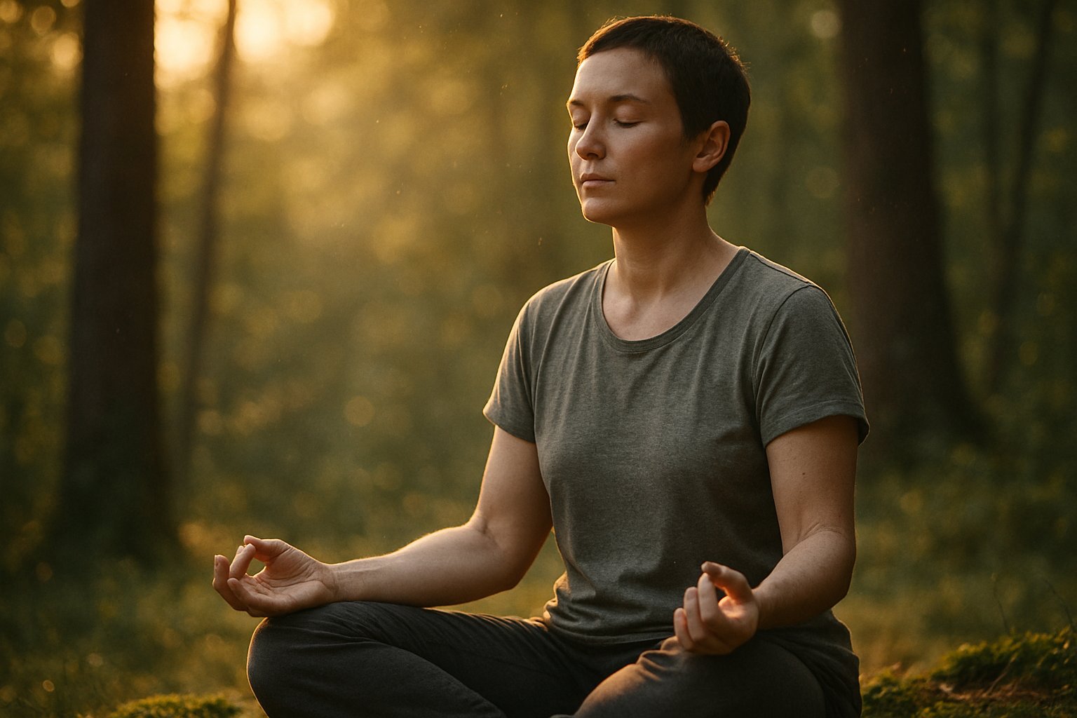 v2-12nw6f-vfgjy - Preventive Medicine Daily A person sitting cross-legged outdoors with eyes closed, meditating peacefully surrounded by trees and soft sunlight.
