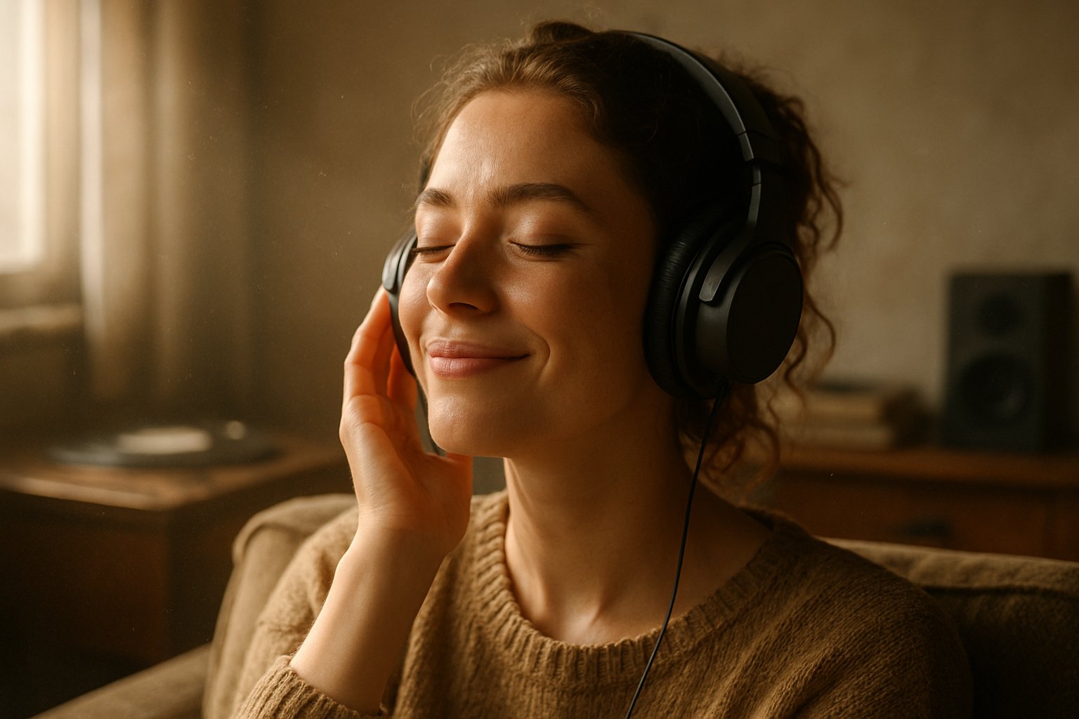v2-12nw6z-vr9n1 - Preventive Medicine Daily A young woman wearing headphones smiles softly while sitting in a sunlit room surrounded by music items, enjoying uplifting music.