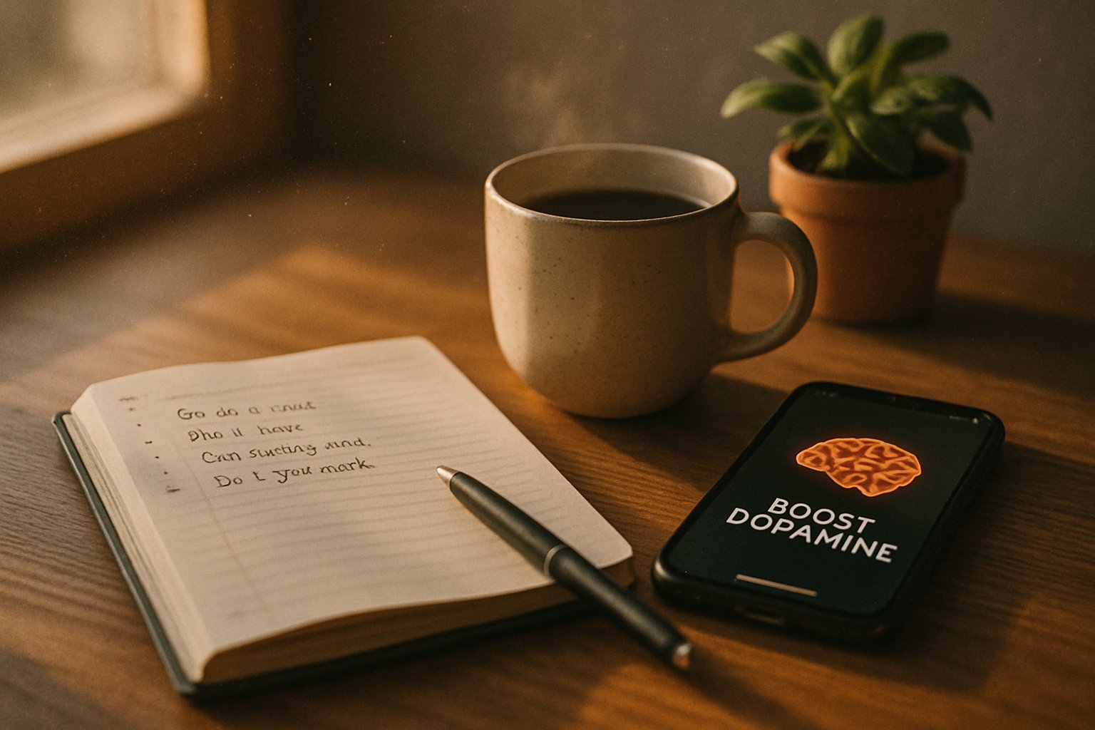 v2-12nw7k-zkpyd - Preventive Medicine Daily A sunlit wooden desk with an open planner showing daily goals, a steaming cup of coffee, a smartphone, and a small potted plant near a window.