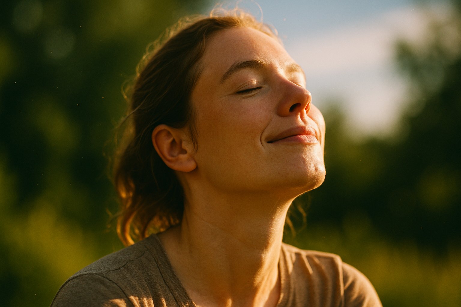 dopamine boost - Preventive Medicine Daily A person standing outdoors in warm sunlight surrounded by green plants, smiling peacefully with closed eyes.