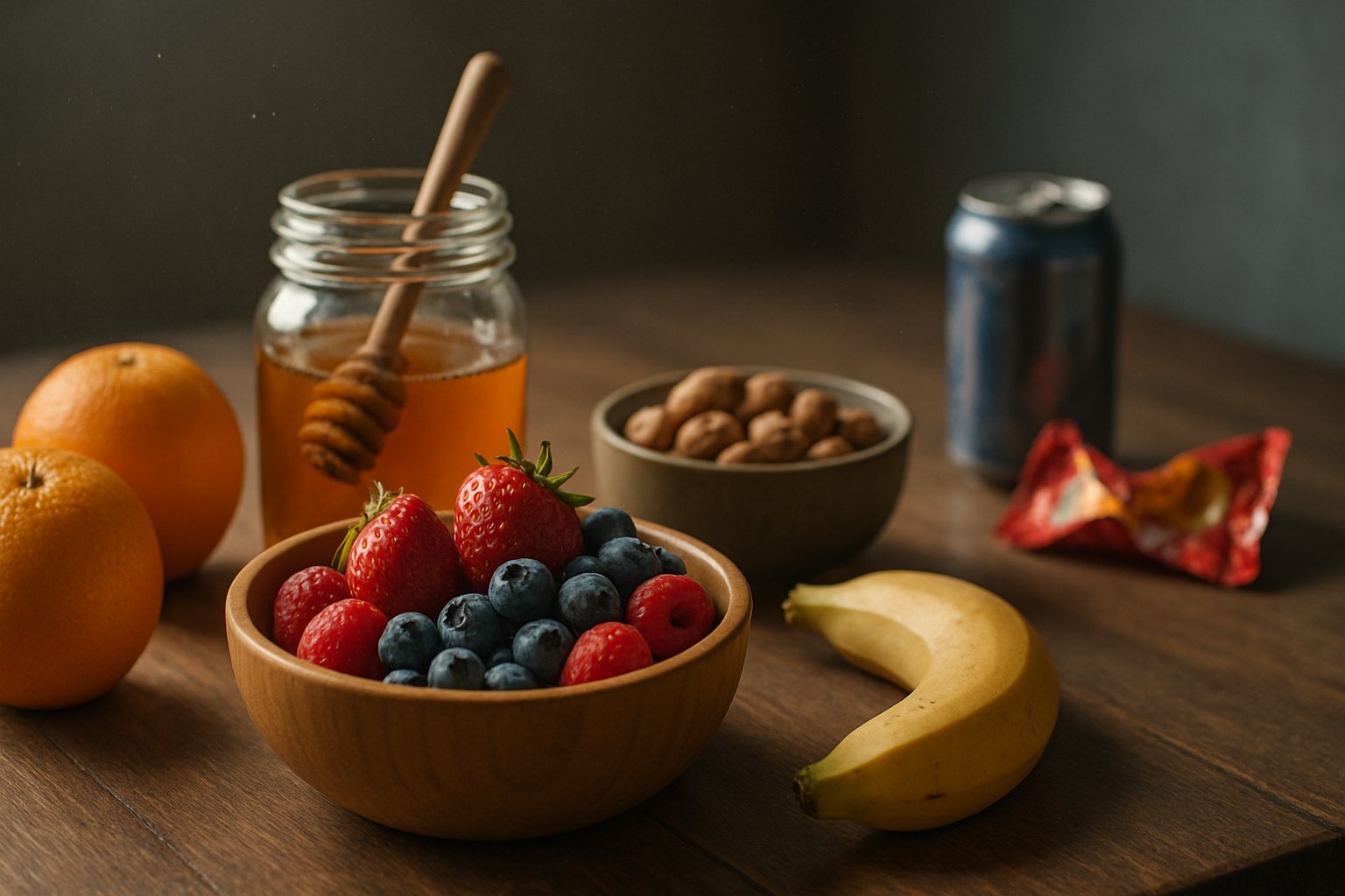 v2-12nw8k-db79r - Preventive Medicine Daily A wooden table with fresh fruits, honey, and nuts in clear focus, with blurred junk food items like a candy wrapper and soda can in the background.