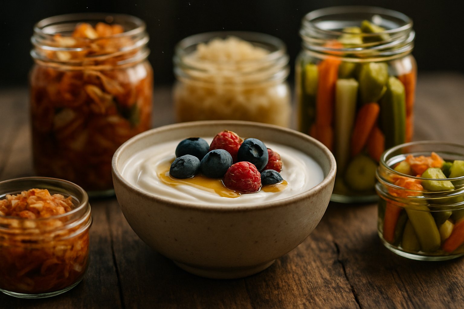 v2-12nw92-eul4n - Preventive Medicine Daily A close-up view of a bowl of yogurt with berries and honey on a wooden table surrounded by jars of kimchi, sauerkraut, and pickled vegetables.