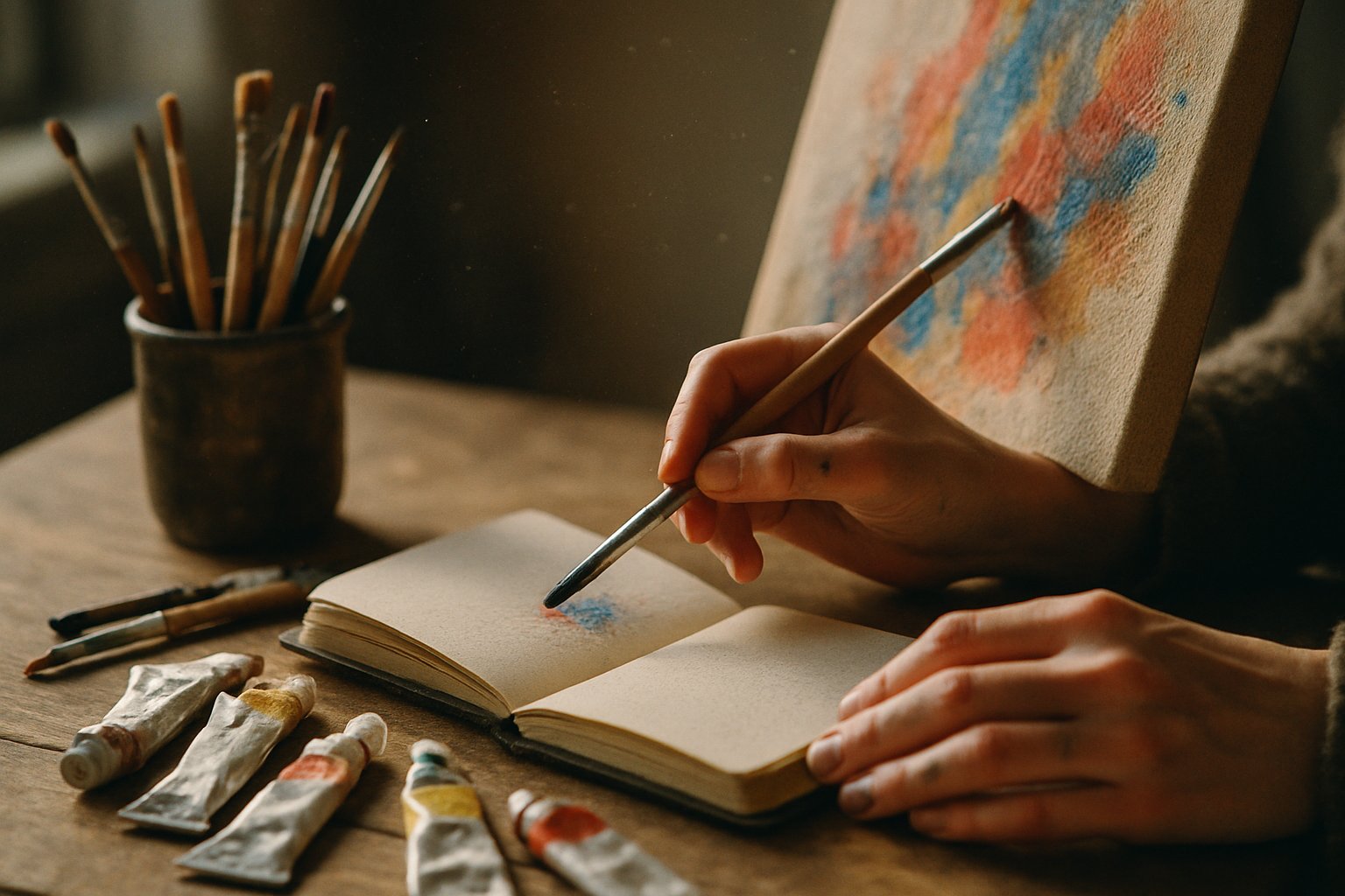 v2-12nw9m-zkzic - Preventive Medicine Daily A person painting on a canvas and writing in a notebook at a well-lit creative workspace with art supplies around.