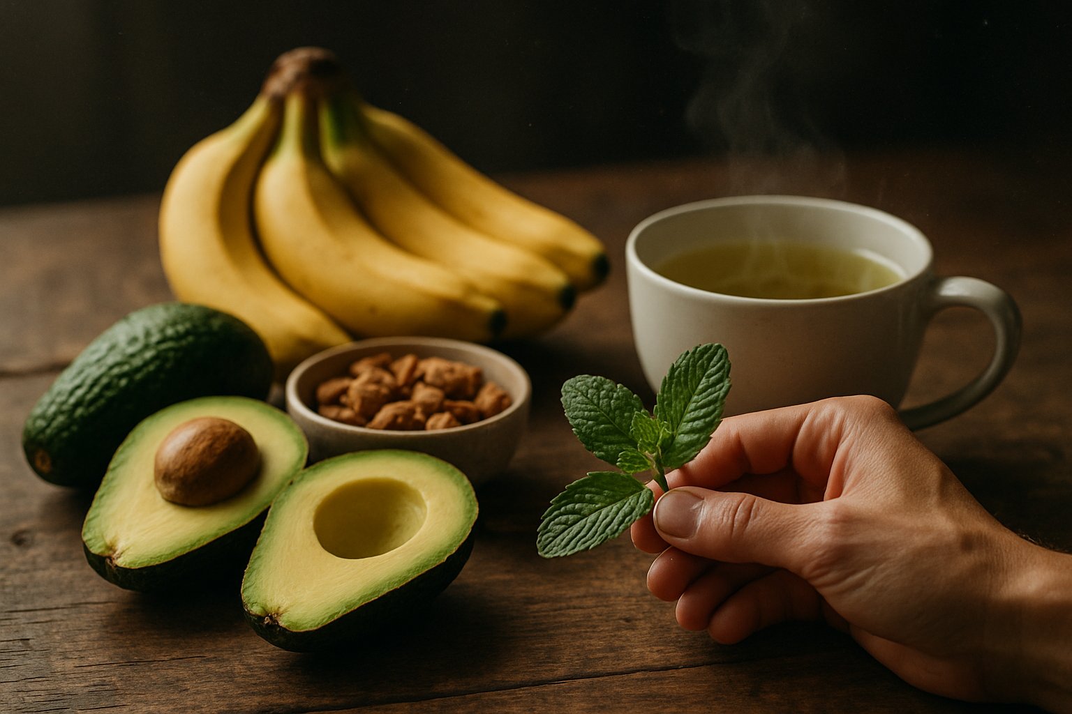 v2-12nwas-yjow7 - Preventive Medicine Daily A close-up of fresh fruits, nuts, green tea, and a hand holding mint leaves on a wooden table.