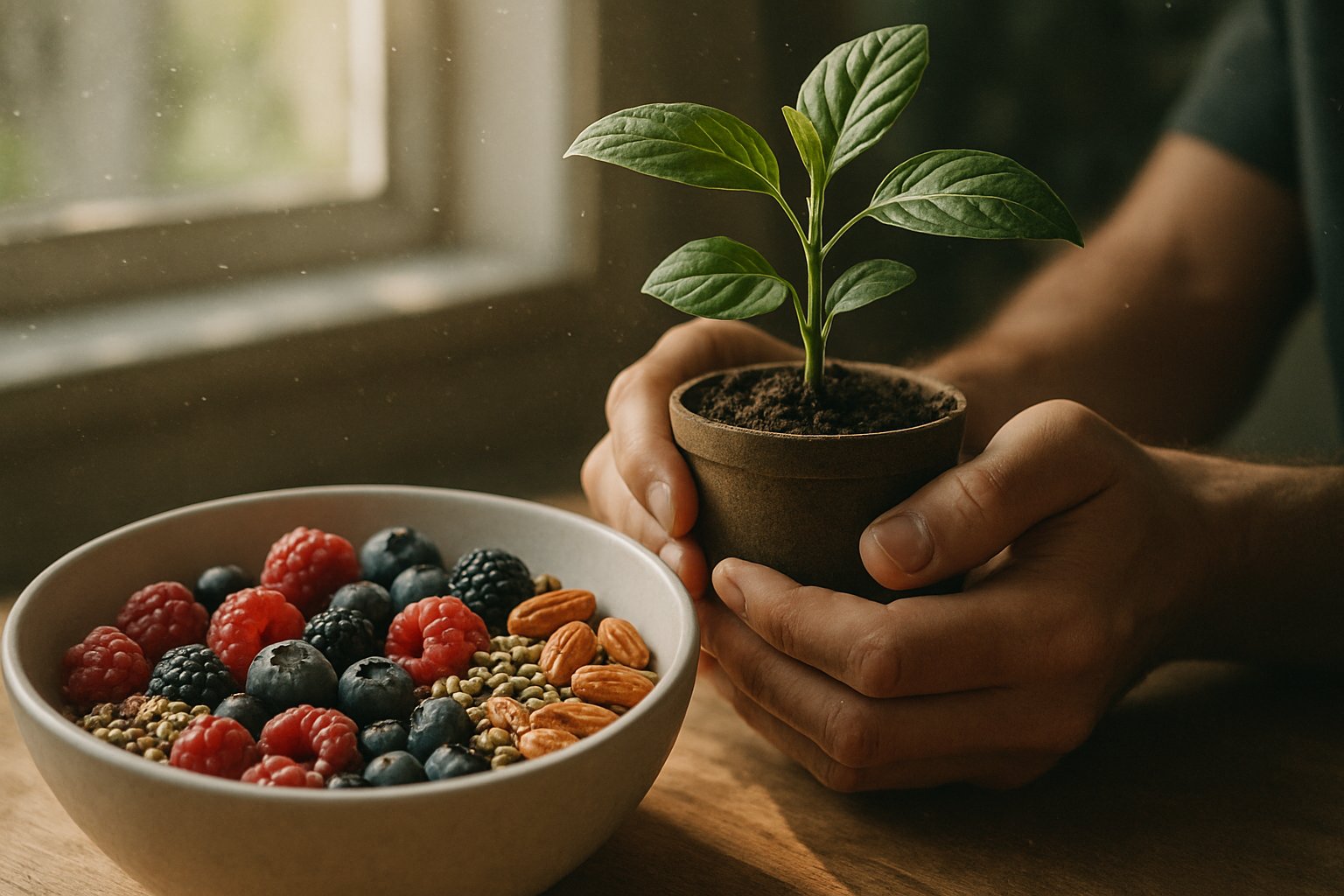 v2-12nwbe-ewvdi - Preventive Medicine Daily Close-up of hands holding a small green plant next to a colorful breakfast bowl with berries and nuts on a sunlit table.