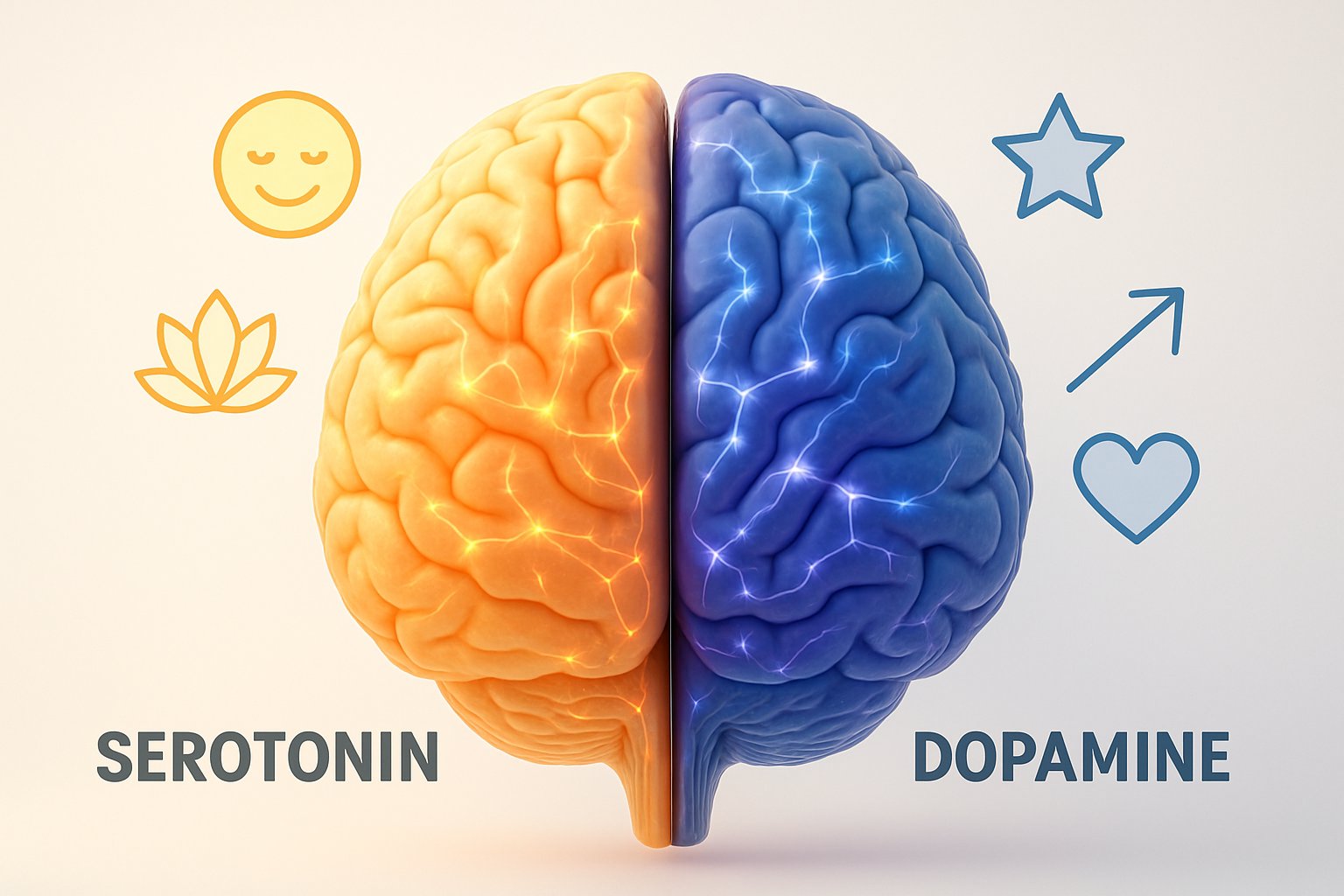 serotonin vs dopamine - Preventive Medicine Daily Side view of a human brain with glowing neural pathways, divided into two halves representing serotonin and dopamine with different colors and abstract symbols.