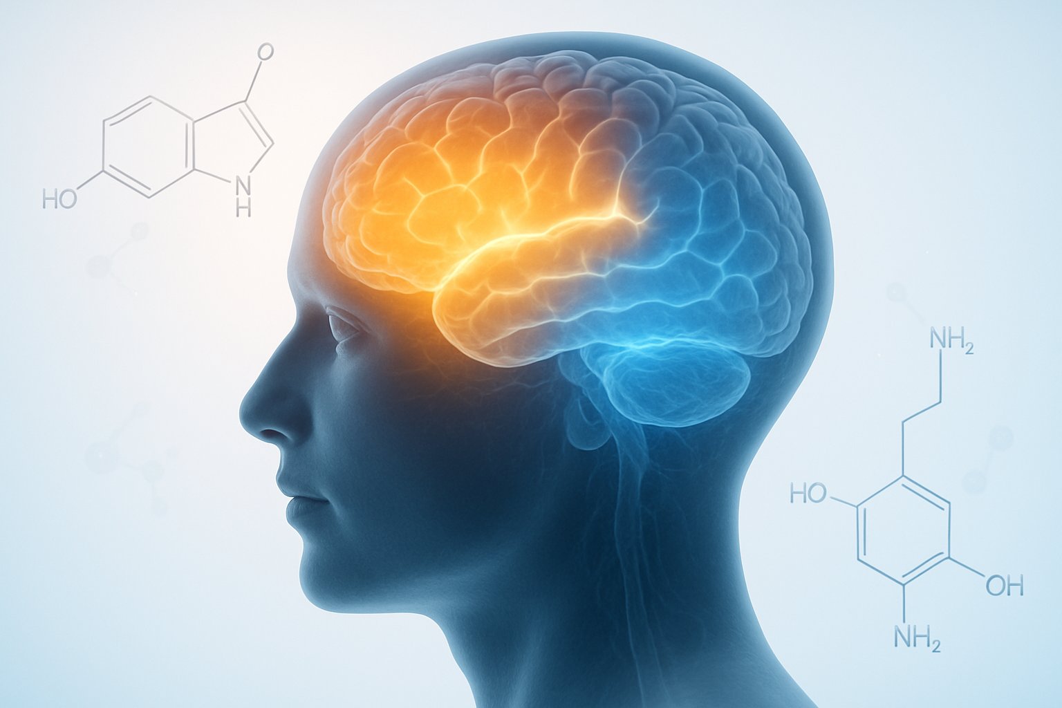 v2-12o25h-9bb5h - Preventive Medicine Daily Side profile of a human head showing a glowing brain with highlighted areas representing serotonin and dopamine molecules around it.