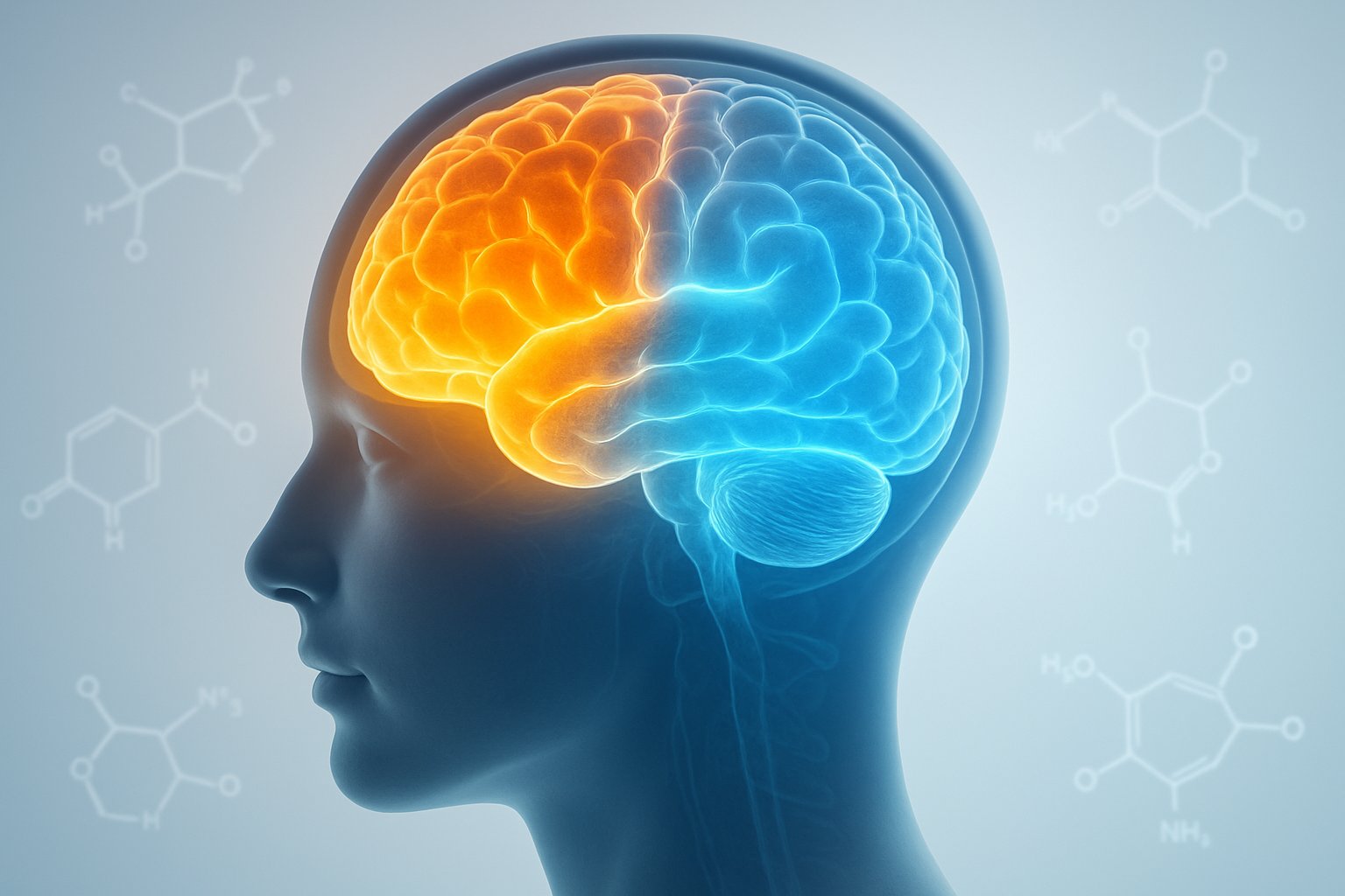 v2-12o26d-tknlg - Preventive Medicine Daily A semi-transparent human head with a glowing brain showing two highlighted areas in yellow and blue, surrounded by floating molecular structures.