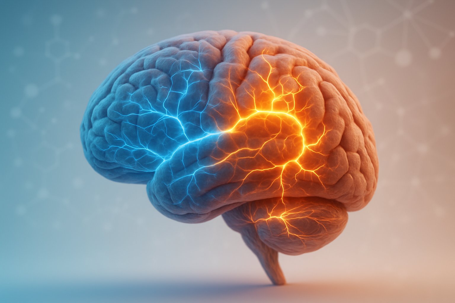v2-12o27a-fv5gy - Preventive Medicine Daily A human brain with blue and orange glowing neural pathways representing serotonin and dopamine, surrounded by abstract molecular patterns.