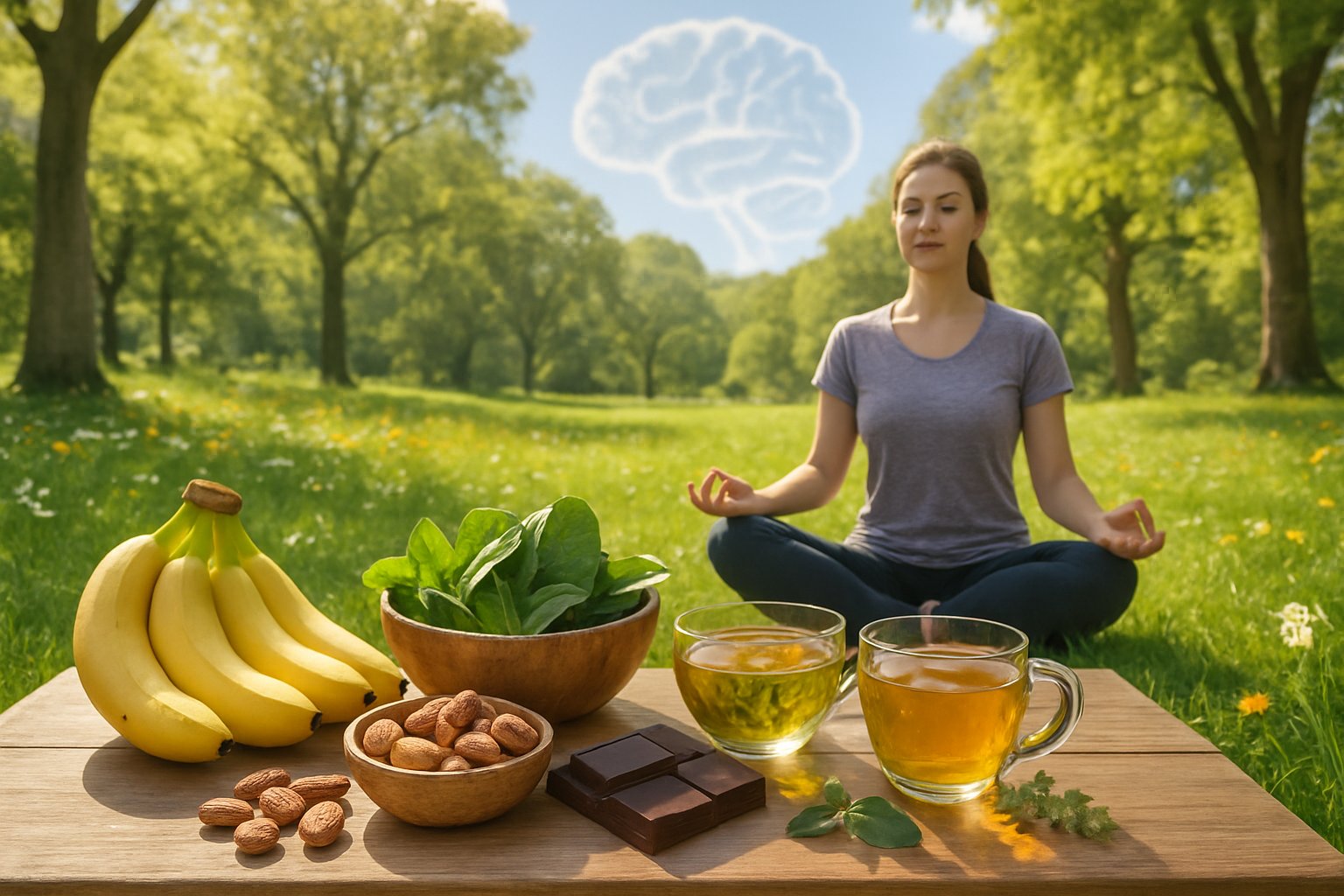 v2-12o288-z2pyo - Preventive Medicine Daily A person meditating peacefully in a green park surrounded by trees and natural foods on a wooden table nearby, symbolizing brain health and well-being.