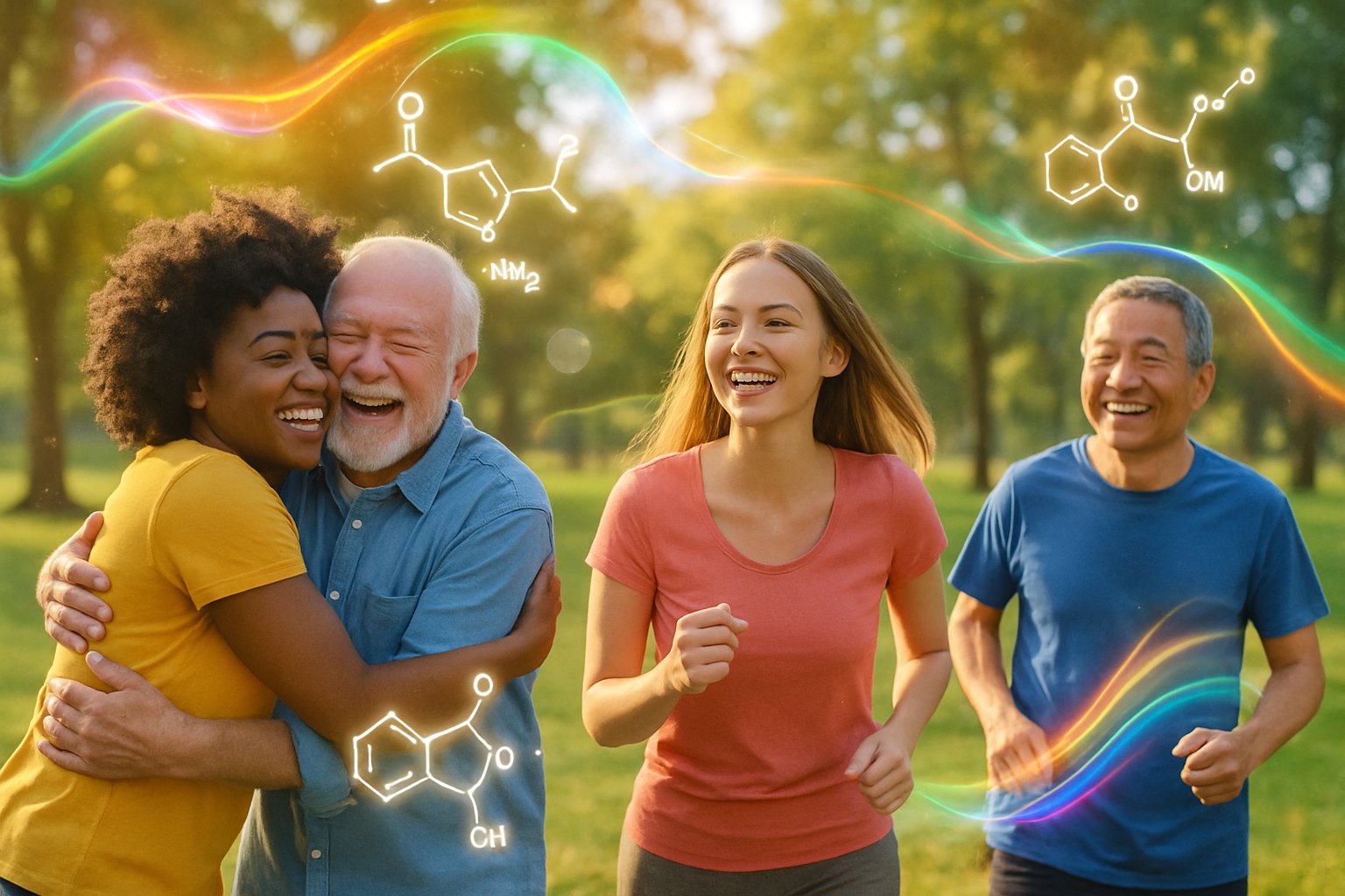 v2-12o299-4ises - Preventive Medicine Daily A group of diverse people smiling and enjoying outdoor activities in a sunny park with glowing abstract shapes symbolizing happiness chemicals around them.