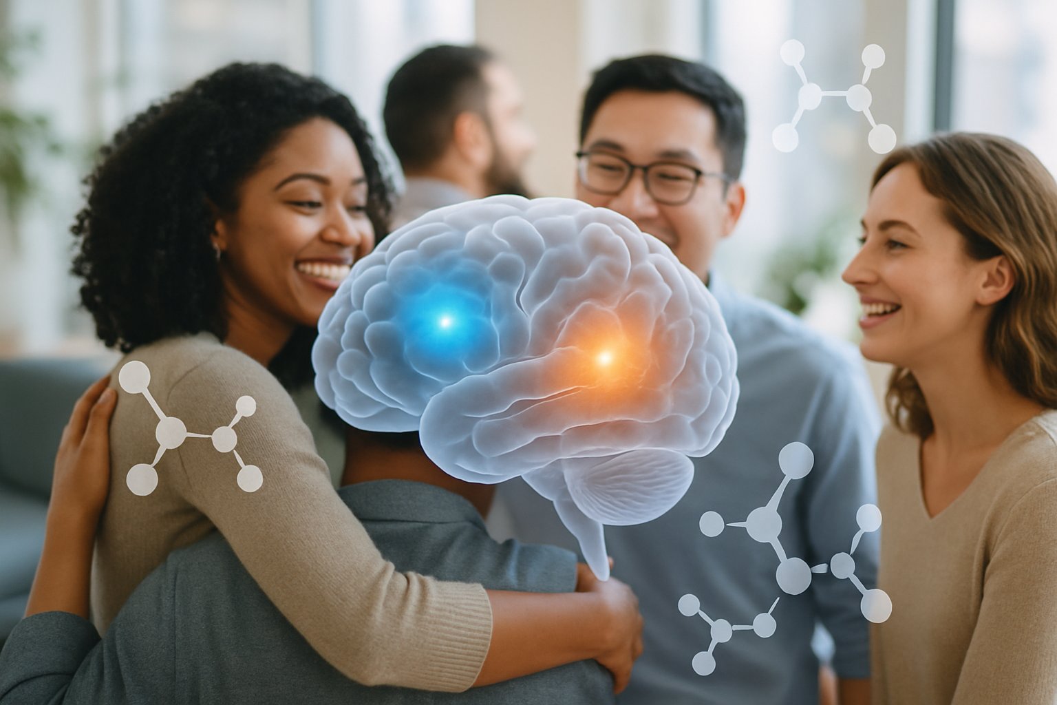 v2-12o2a4-v0tc8 - Preventive Medicine Daily A group of diverse people smiling and interacting warmly with a semi-transparent 3D brain overlay showing highlighted areas representing serotonin and dopamine pathways.