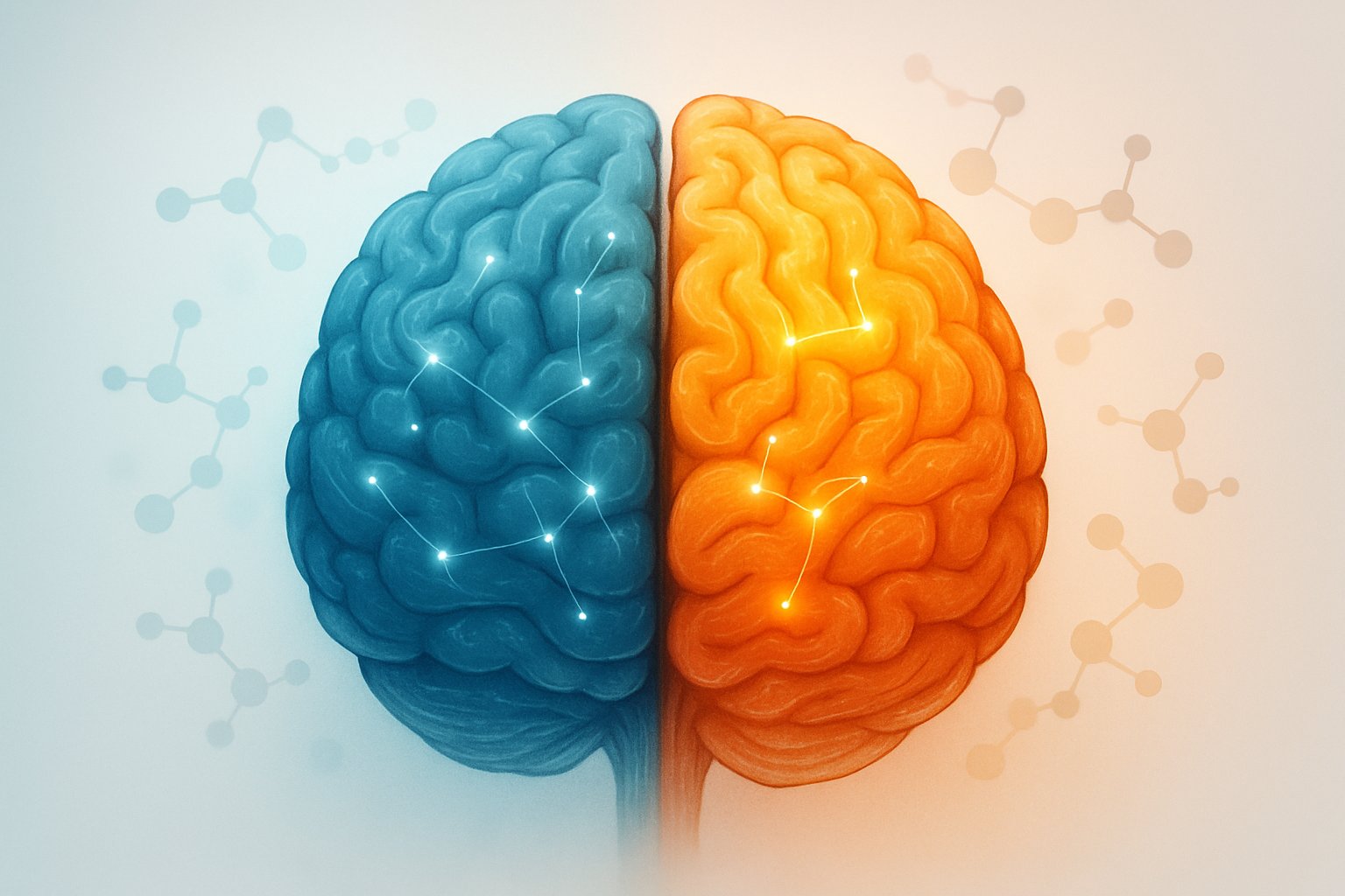 v2-12o2az-25ntv - Preventive Medicine Daily A split-brain illustration showing calming blue tones on one side and vibrant orange and yellow on the other, with floating molecular structures between them.