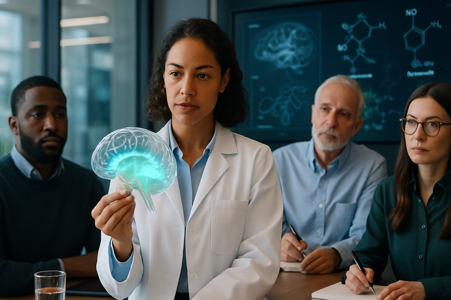 v2-12o2bs-2cc3t - Preventive Medicine Daily A group of people in an office discussing a glowing 3D brain model highlighting serotonin and dopamine areas.