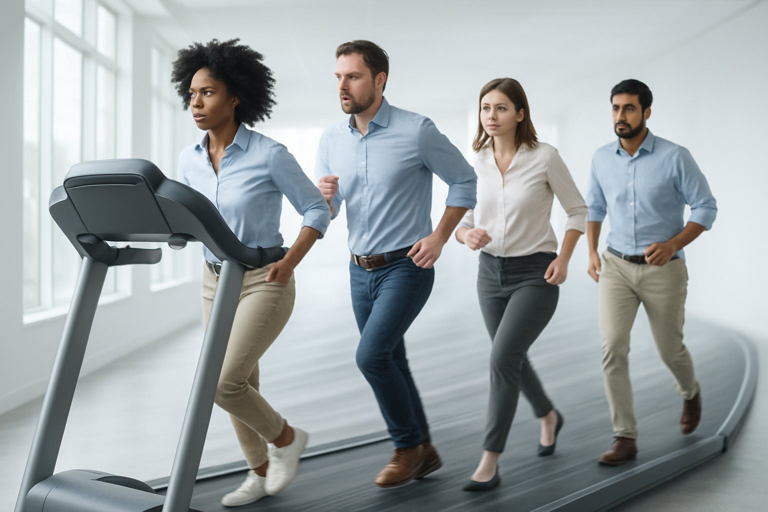 the hedonic treadmill - Preventive Medicine Daily People walking on an endless treadmill indoors, showing continuous movement and effort.
