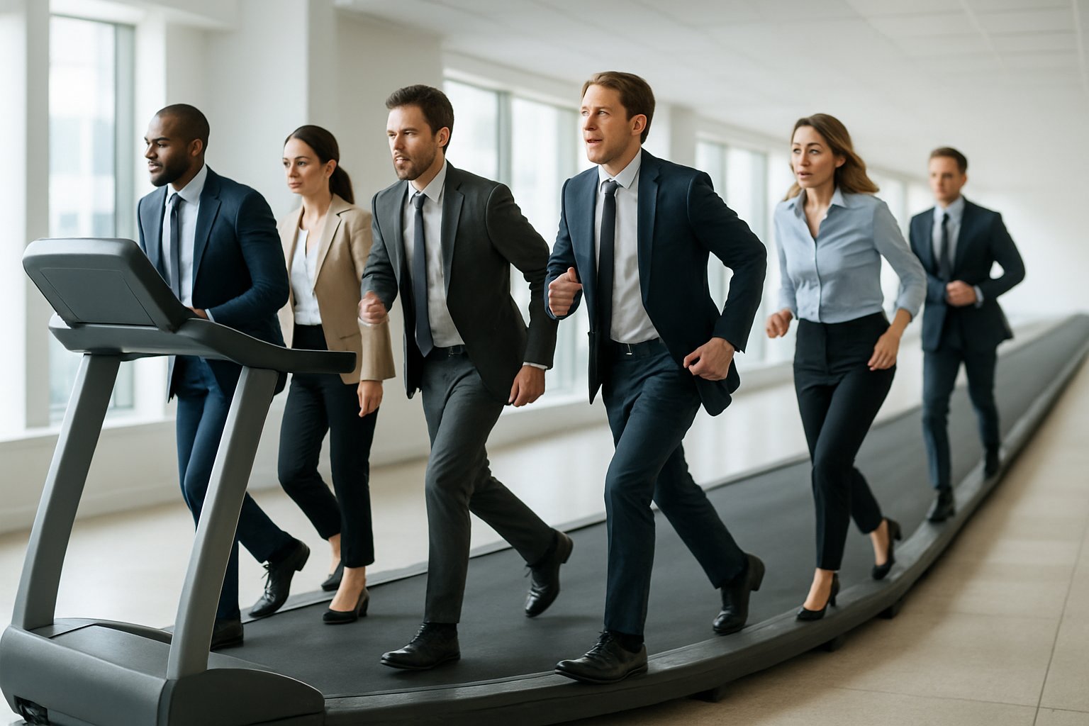 v2-12o2w0-udw2z - Preventive Medicine Daily A group of business professionals walking on a large treadmill in a bright office, symbolizing continuous effort and pursuit.