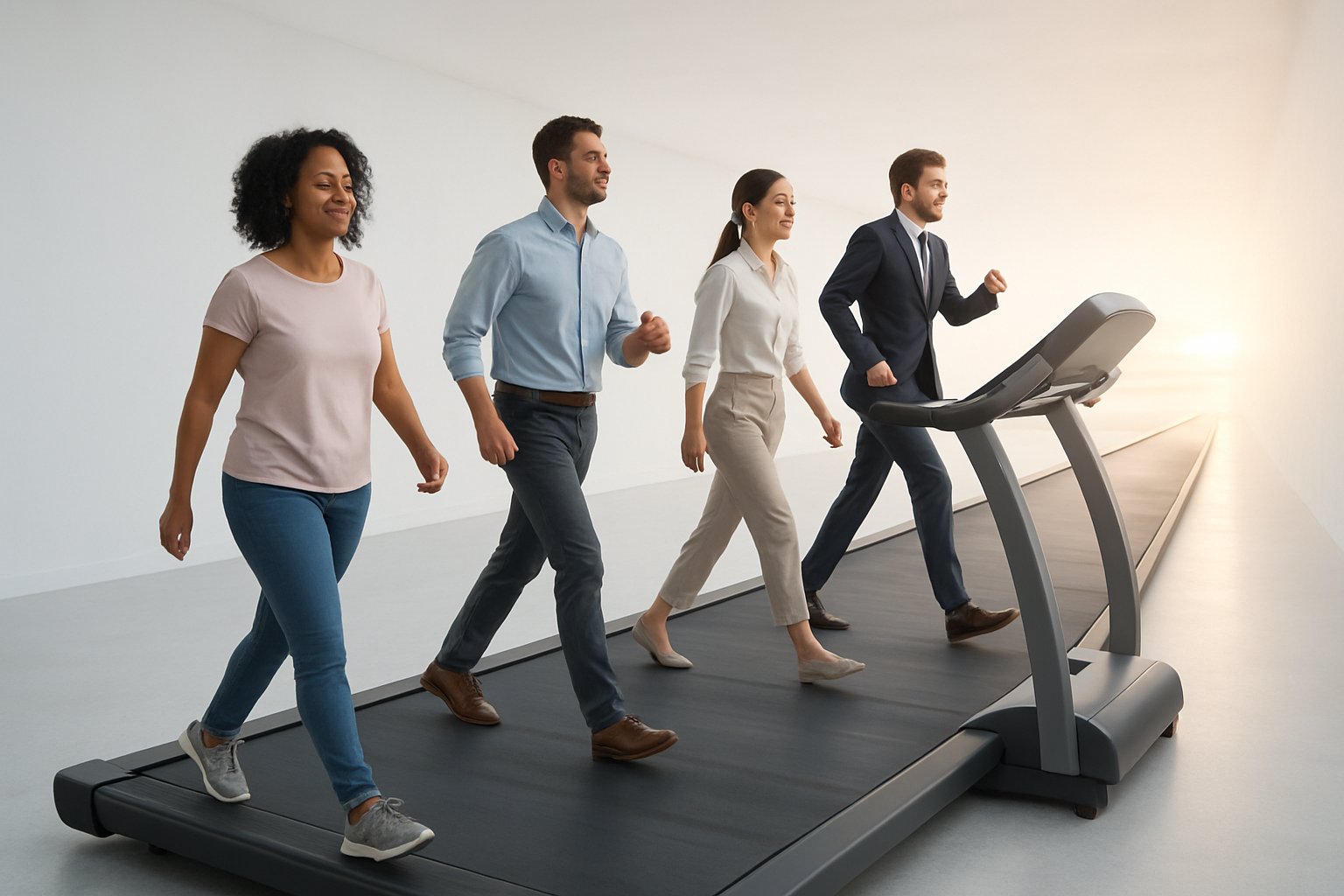 v2-12o2ww-ze0um - Preventive Medicine Daily People walking and running on a large treadmill in a bright, open space, symbolizing continuous effort without progress.