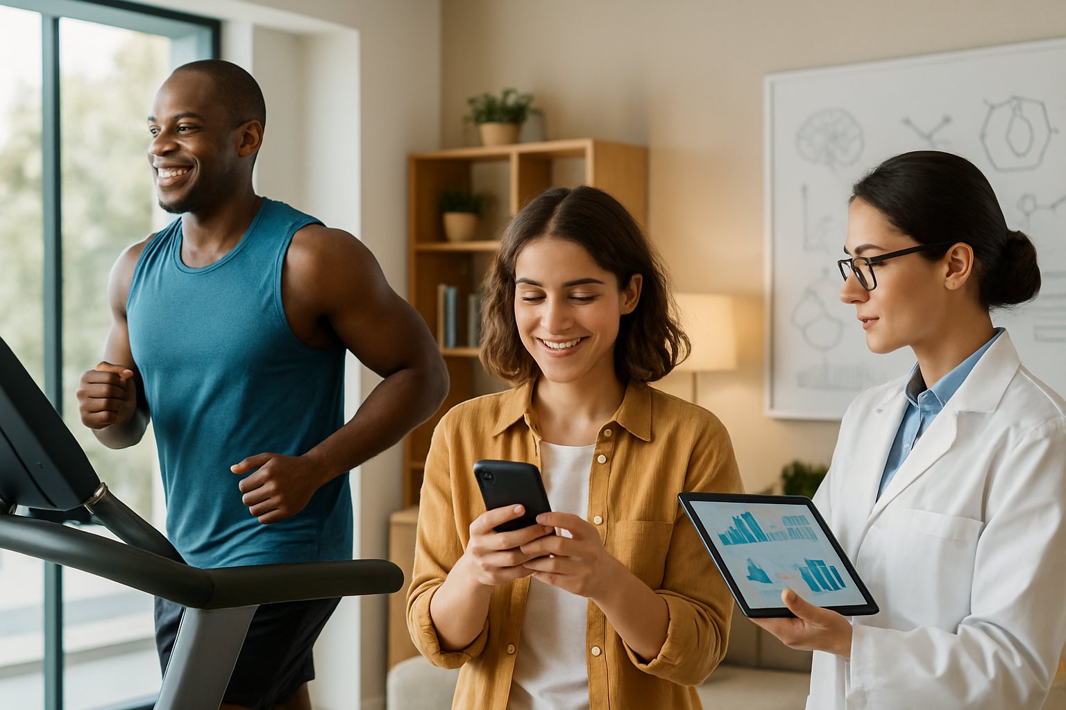 v2-12o2xn-46yix - Preventive Medicine Daily A diverse group of people engaged in activities like jogging on a treadmill, checking a smartphone, and a scientist examining charts, illustrating the concept of pursuing happiness and adaptation.