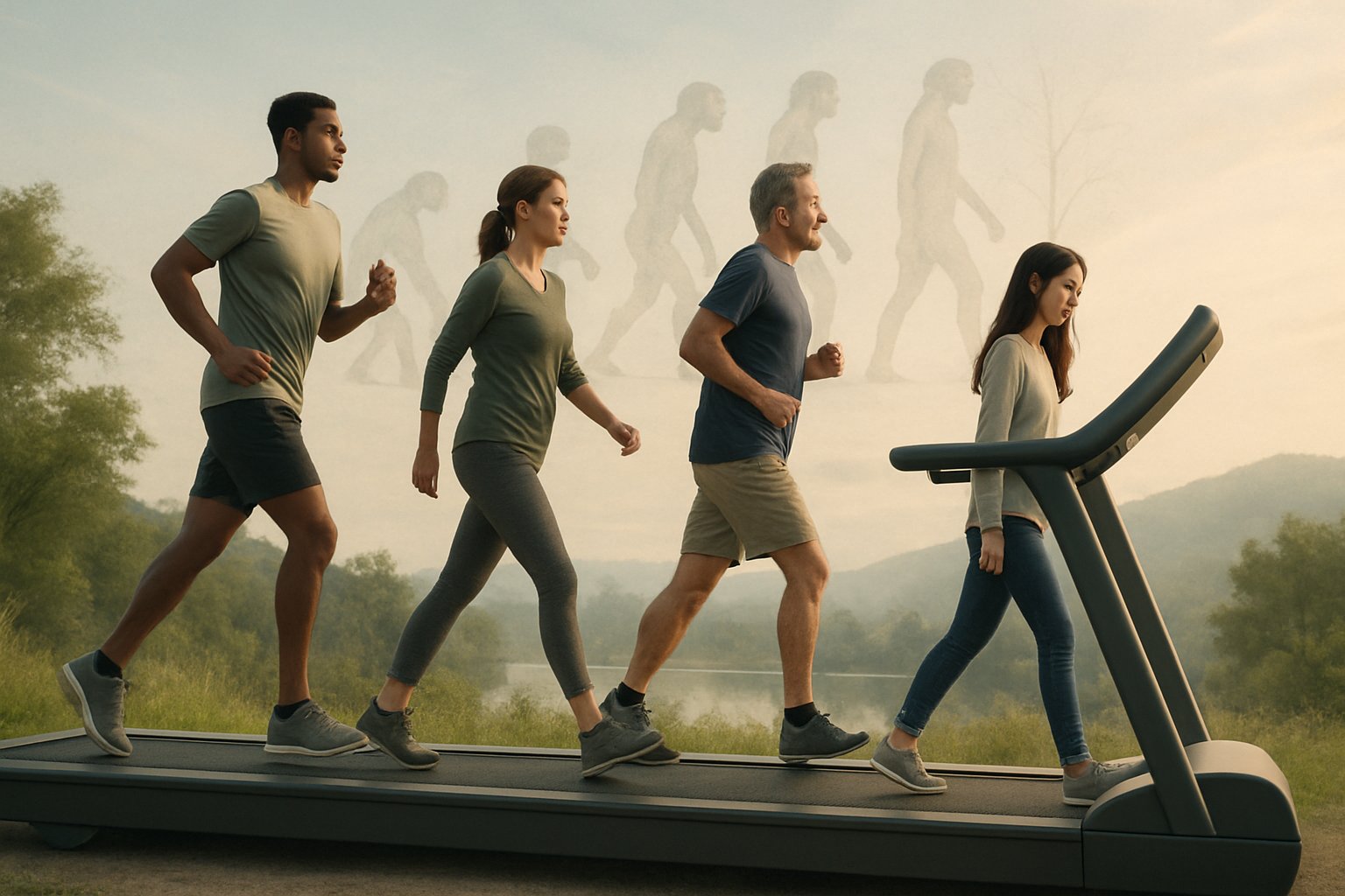 v2-12o2yd-janvs - Preventive Medicine Daily A diverse group of people walking on a large treadmill outdoors surrounded by nature, symbolizing continuous effort and progress.