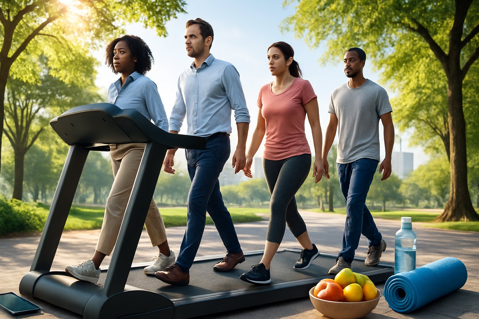 v2-12o2z4-nedsj - Preventive Medicine Daily People walking on a large treadmill in an urban park surrounded by trees and sunlight, showing various emotions as they exercise.