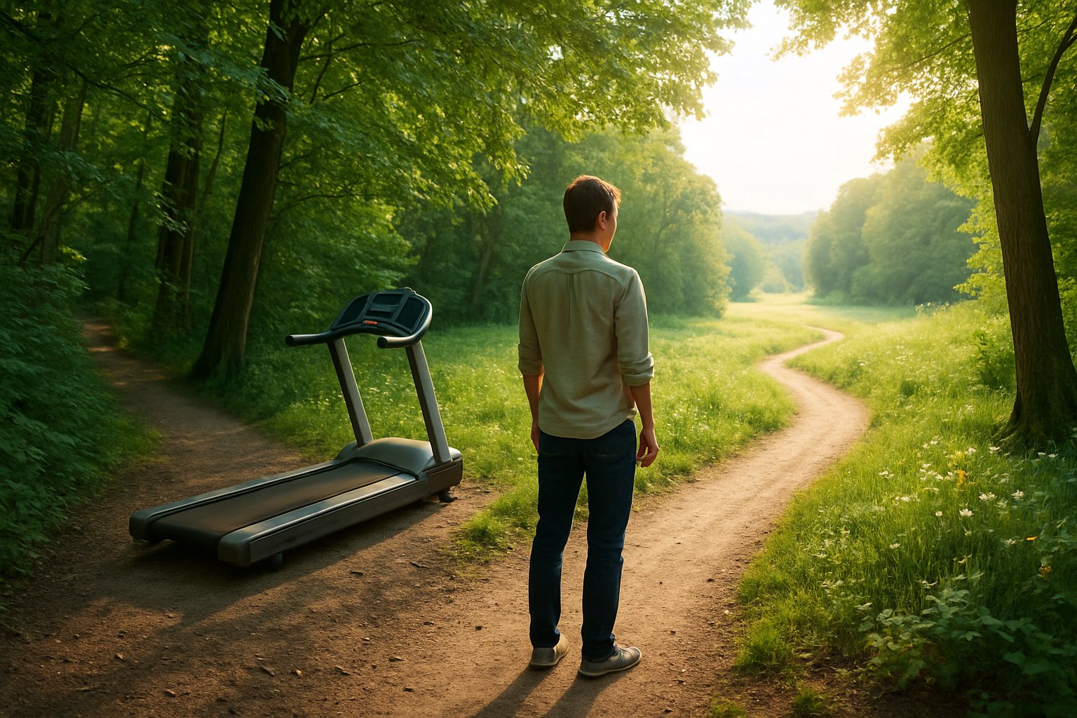 v2-12o2zw-d5v2b - Preventive Medicine Daily A person standing at a fork in a forest trail, choosing between a treadmill path and a peaceful meadow path.