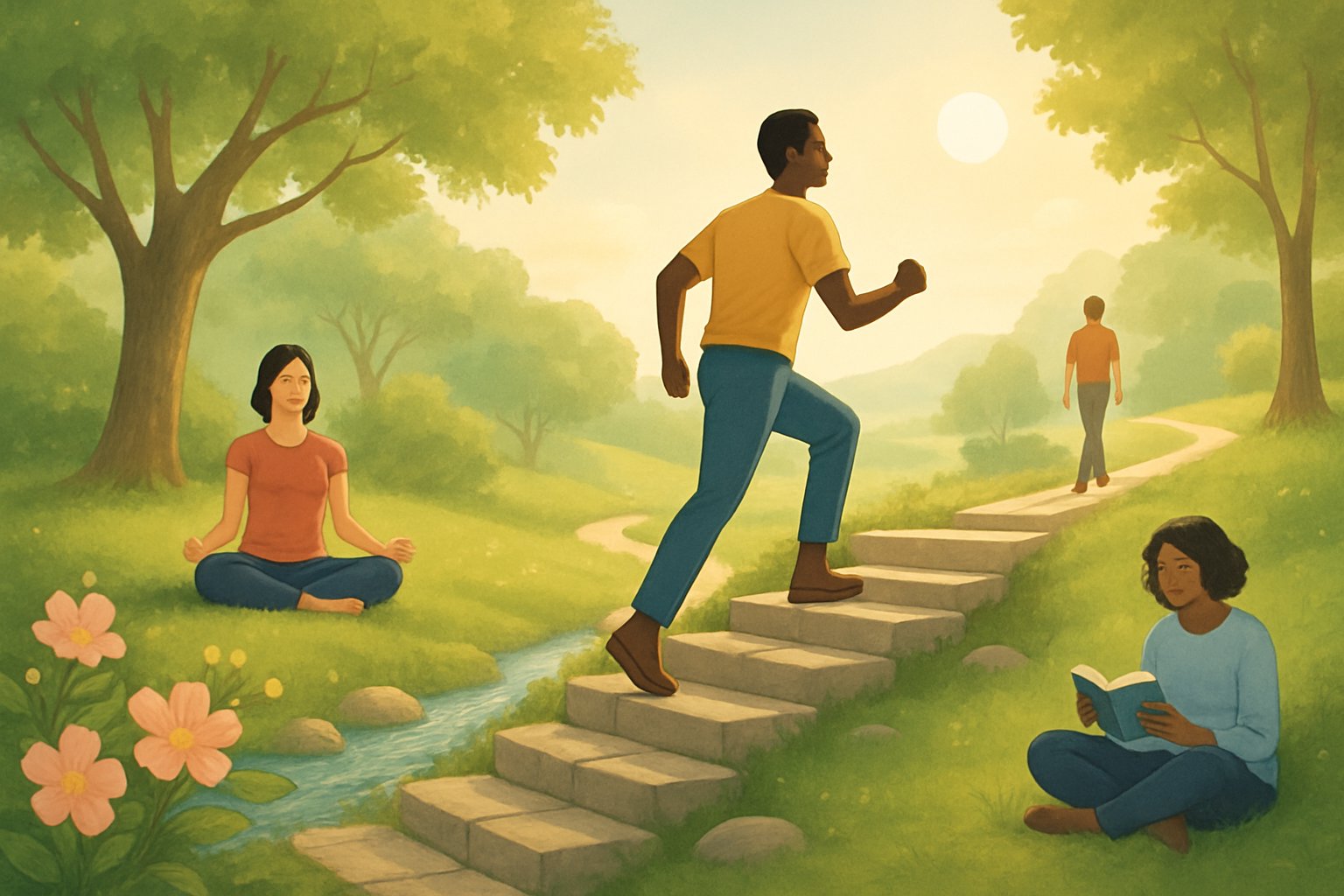 v2-12o30t-v06bn - Preventive Medicine Daily People outdoors engaging in activities like climbing stairs, meditating, and walking along a path surrounded by trees, flowers, and a flowing stream, symbolizing personal growth and long-term happiness.
