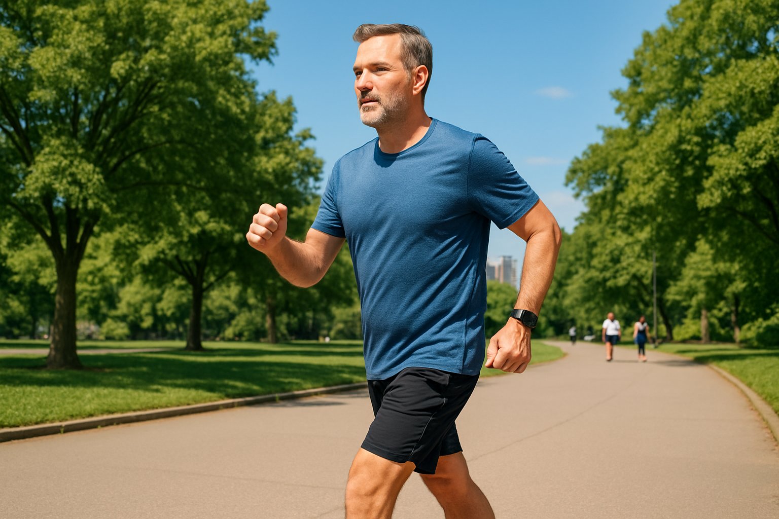 v2-12q0ak-8q9yw - Preventive Medicine Daily A man walking briskly on a park path surrounded by trees and clear sky.